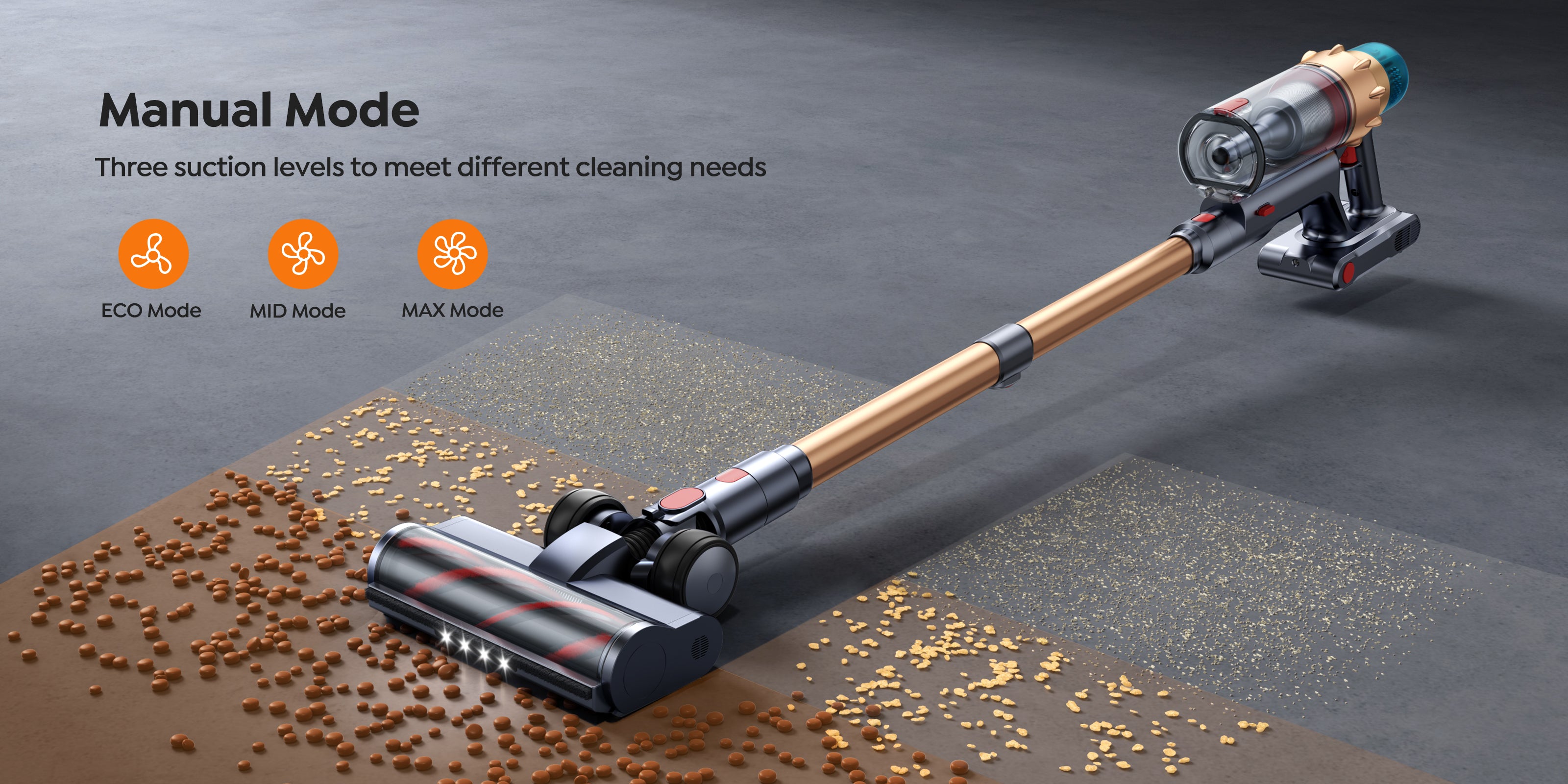 VAC01 upright vacuum cleaner has three suction levels to meet different cleaning needs in Manual Mode.