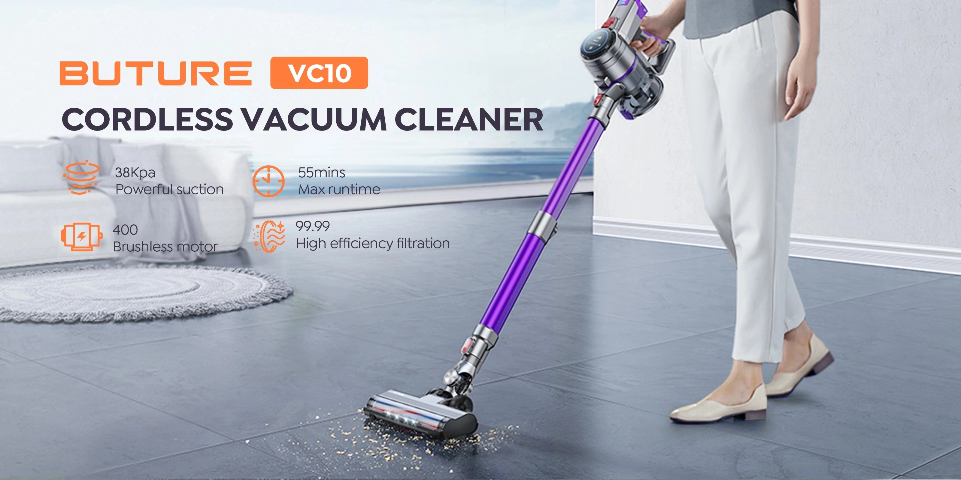 Buture VC10 cordless vacuum cleaner featuring strong 38kPa suction, up to 55 minutes of runtime, a 400W brushless motor, and a high-efficiency filtration system that captures 99.99% of particles.