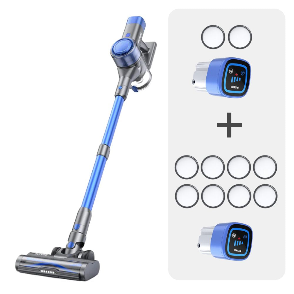 Pack aspirateur : aspirateur Buture VC50 bleu + 2 batteries + 10 filtres HEPA