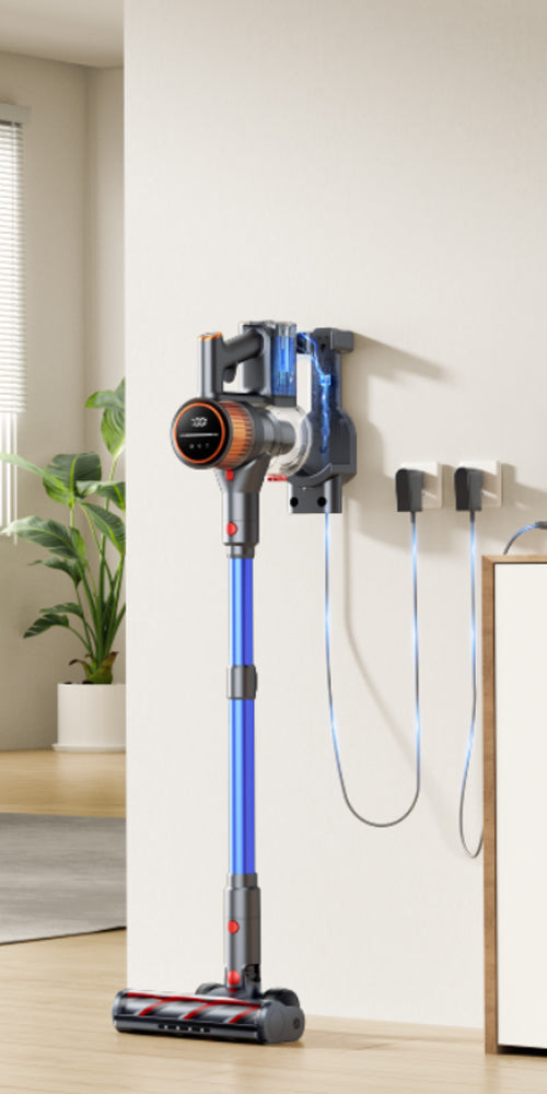 Buture X9 cordless vacuum cleaner with wall-mounted charging dock for convenient storage and fast charging.