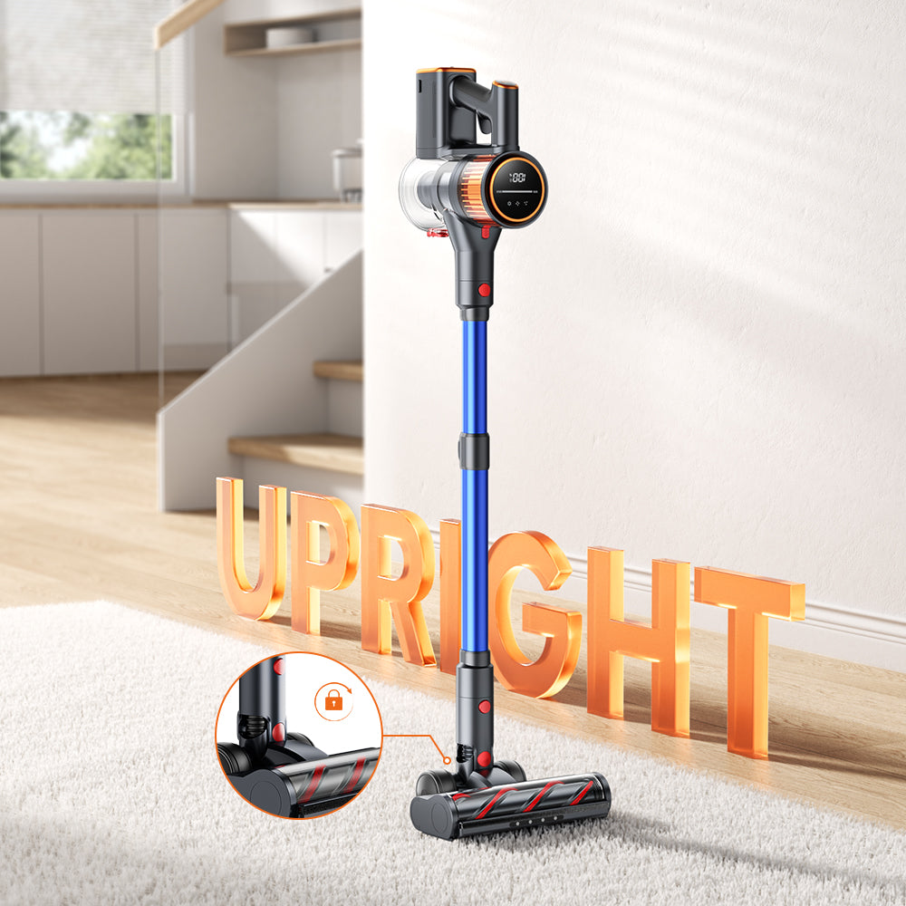 Upright X9 Vacuum cleaner with a lock feature at the brush head for secure attachment.