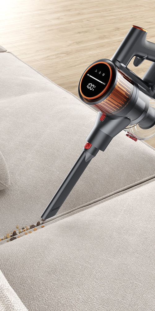 Buture X9 vacuum cleaner with long crevice tool attachment for deep sofa cleaning and reaching tight spaces like corners and between cushions.