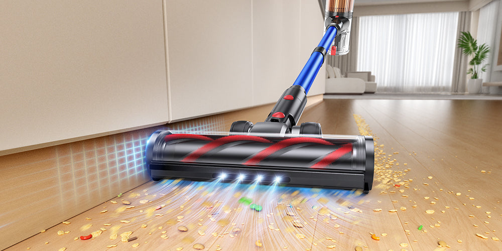 X9 cordless vacuum featuring advanced brush head with LED illumination and edge-to-edge cleaning for efficient dirt removal along baseboards, walls and under furniture.