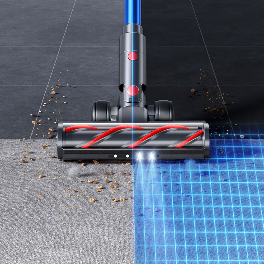Buture X9 cordless vacuum with advanced brush head featuring LED illumination and edge-to-edge suction for spotless cleaning along walls and in dark corners.