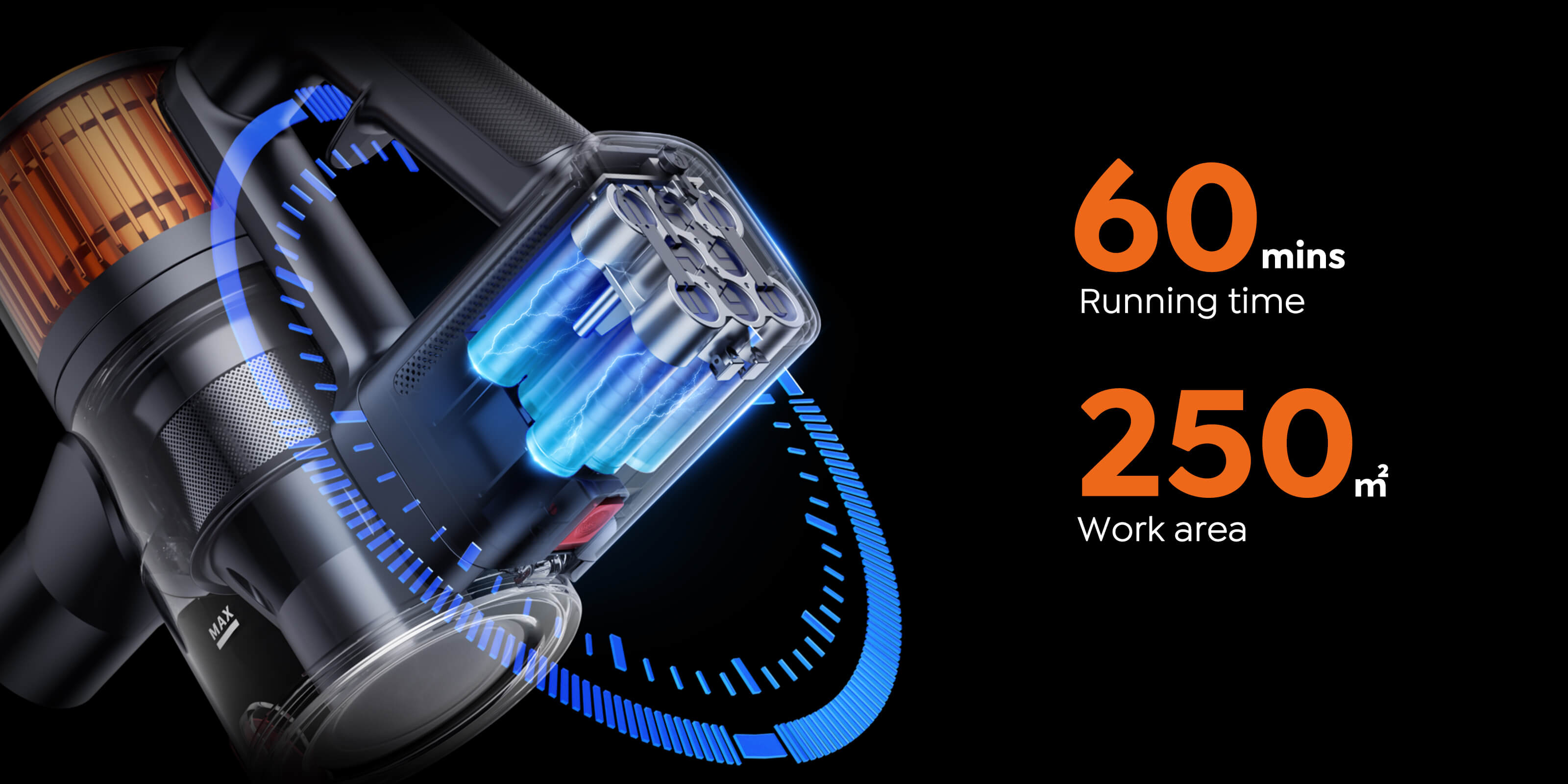 Buture X9 cordless vacuum cleaner with enhanced 8-cell lithium-ion battery offering up to 60 minutes runtime and 250m² cleaning coverage on a single charge.