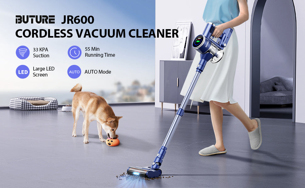 Buture JR600 cordless vacuum cleaner features powerful 33kPa suction, up to 55 minutes of runtime, and a large LED screen with Auto mode for smart, efficient cleaning routine.