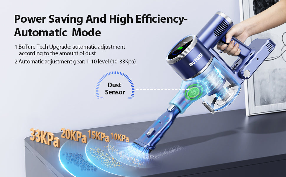 Buture JR600 cordless vacuum cleaner with 10-level automatic suction adjustment, ranging from 10 to 33 kPa for efficient, power-saving cleaning based on dust detectio