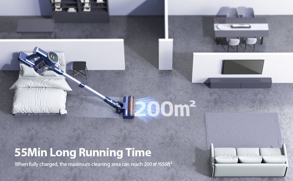 Buture JR600 cordless vacuum cleaner offers up to 55 minutes runtime on full charge, covering a cleaning area up to 200 square meters (656 square feet)
