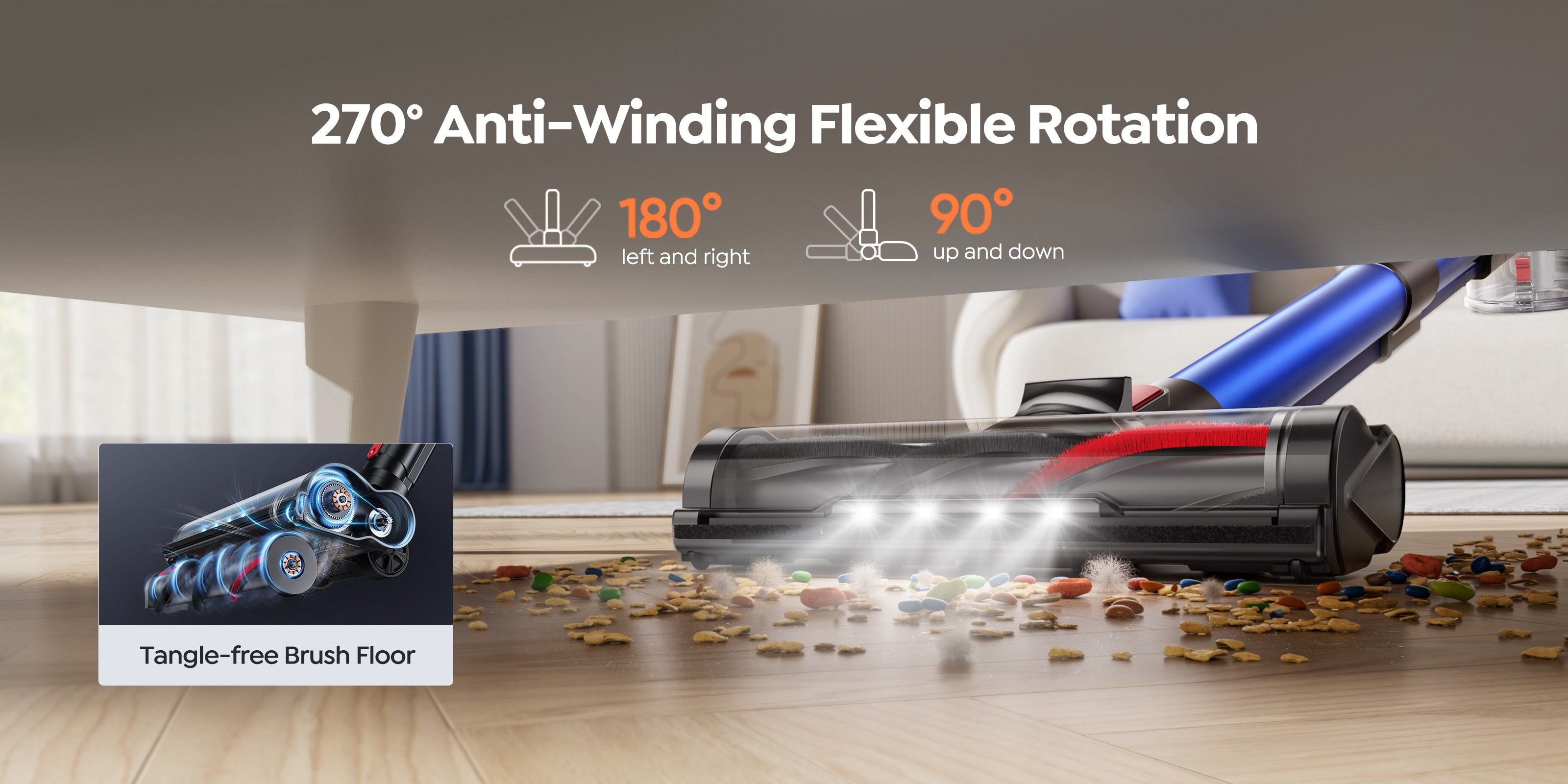 Buture Stick Vacuum Cleaner JR700 Blue features a 270° anti-winding flexible rotation, enabling you to clean every corner, including under the sofa. It is the best cordless stick vacuum available.