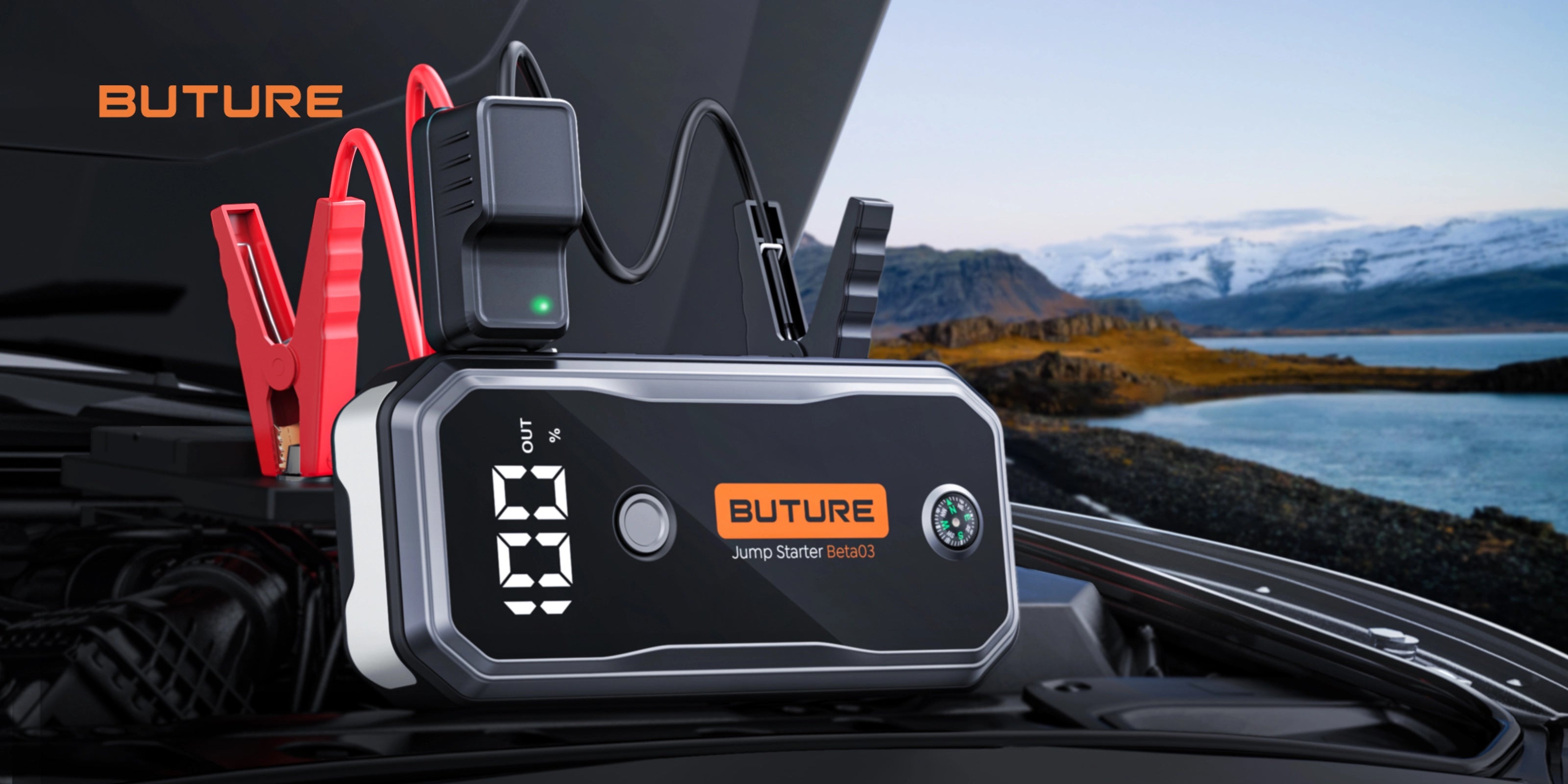Buture Beta03 A portable Car Battery Jump Starter 5000A peak current & 26800mAh capacity with a small Compass