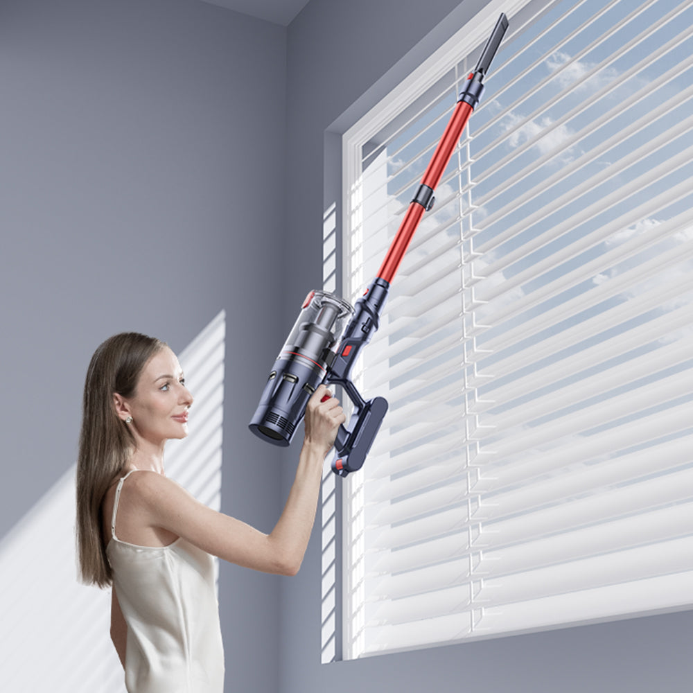 Buture BP20 cordless vacuum cleaner with telescopic tube and crevice nozzle, ideal for cleaning curtains, narrow gaps, and hard-to-reach sanitary corners.