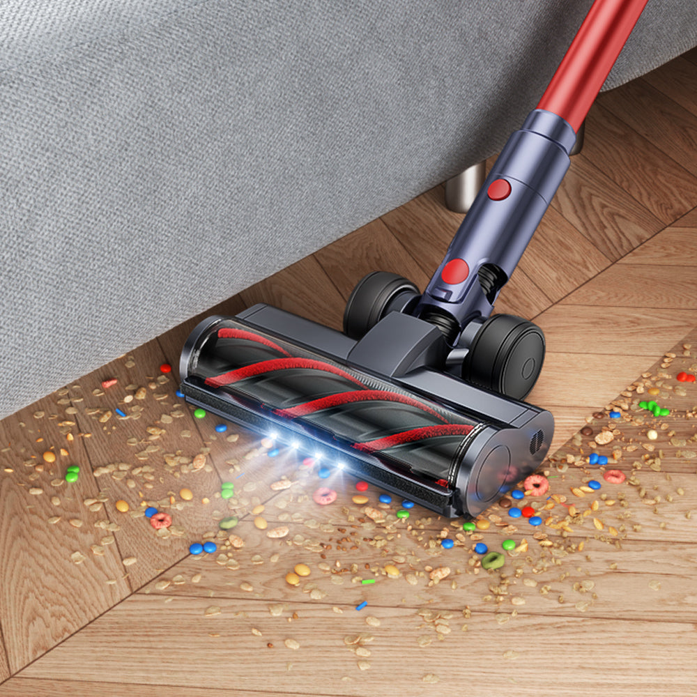 Buture BP20 cordless vacuum cleaner equipped with an LED-lit floor brush, illuminating dust and debris for thorough cleaning even in dark corners or under furniture.