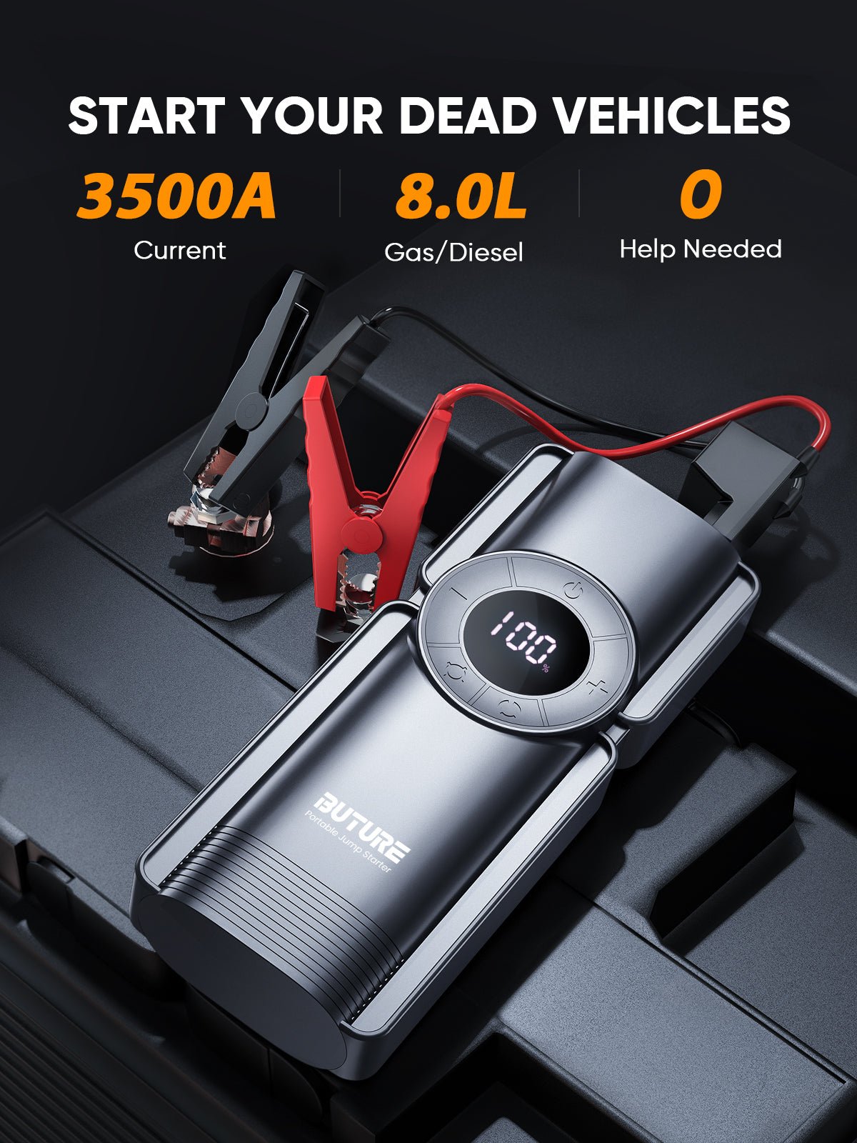 Buture Beta01 car jump starter with 3500A peak current, instantly starts dead vehicles with up to 8.0L gas or diesel engines, no external help needed