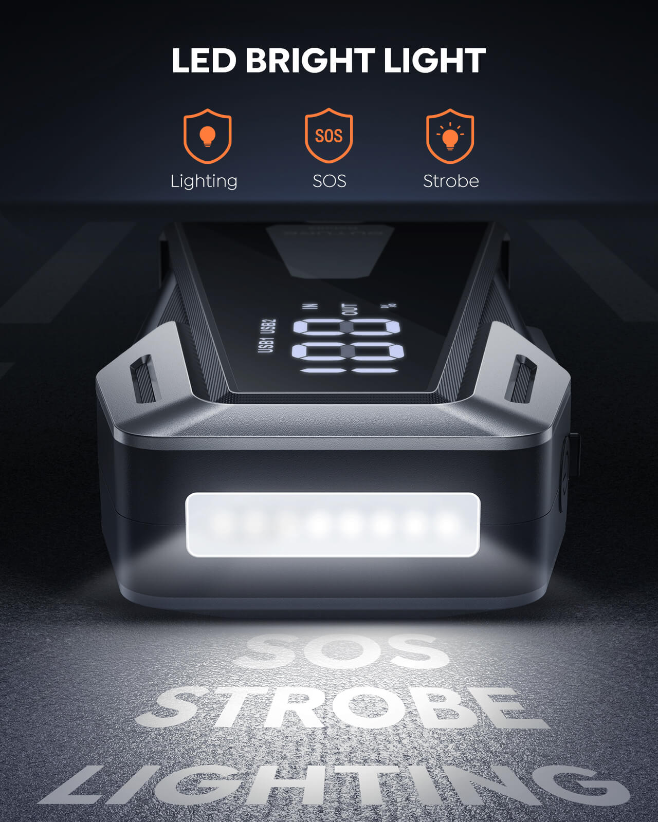 Emergency flashlight on the Buture Beta02 Jump Starter with three modes: Lighting, SOS, and Strobe