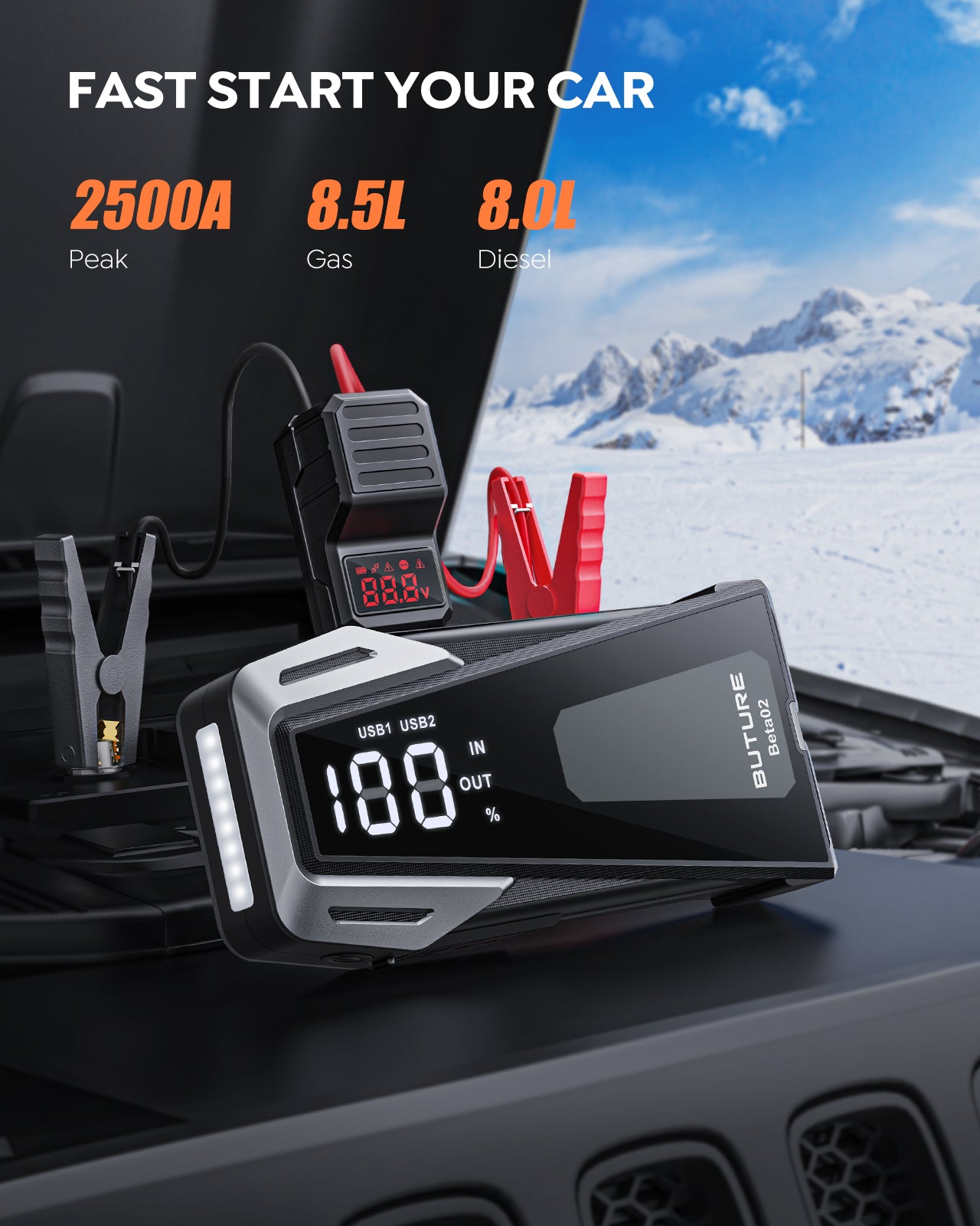 Buture Beta02 reliable car jump starter with 2500A peak current, fast start for cars with up to 8.5L gas and 8.0L diesel engines