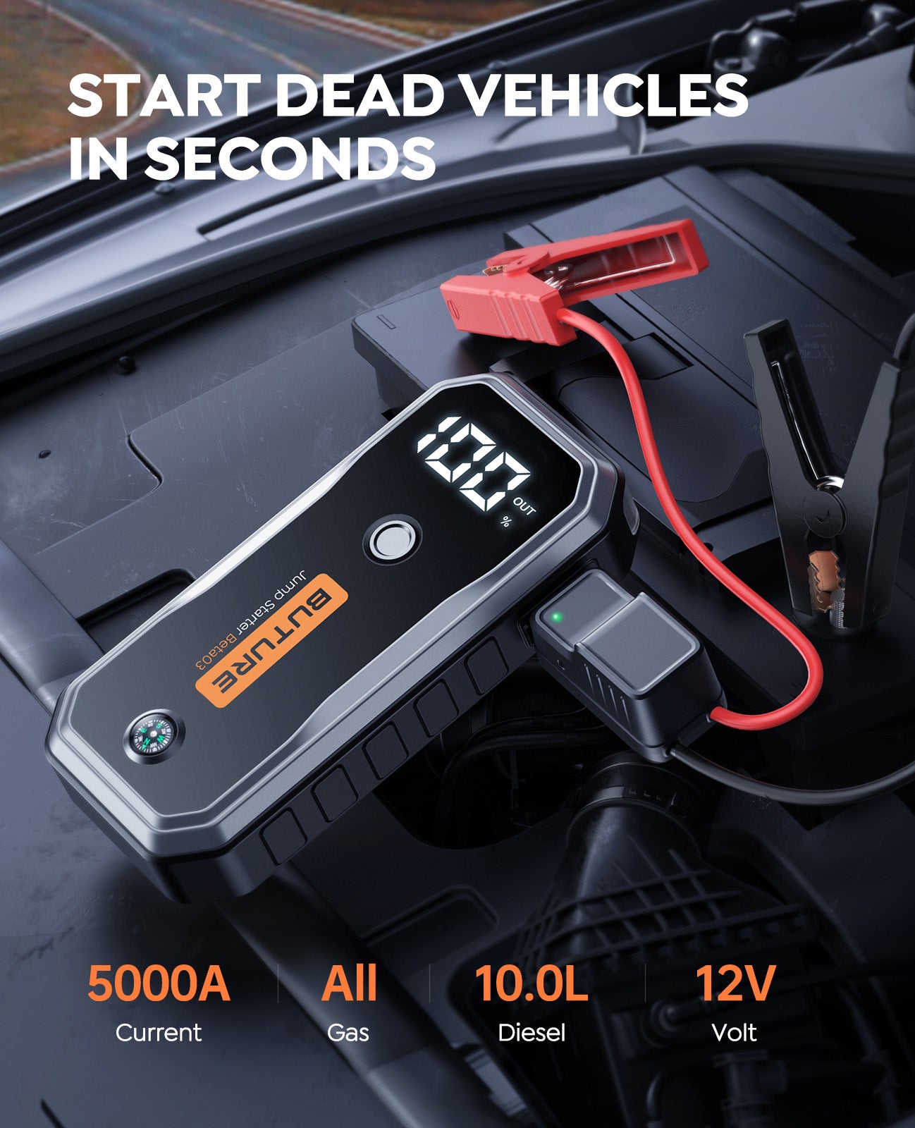 Buture Beta03 car jump starter with 5000A peak current, quickly starts dead vehicles including all gas engines and up to 10.0L diesel, 12V power supply for reliable jump starts
