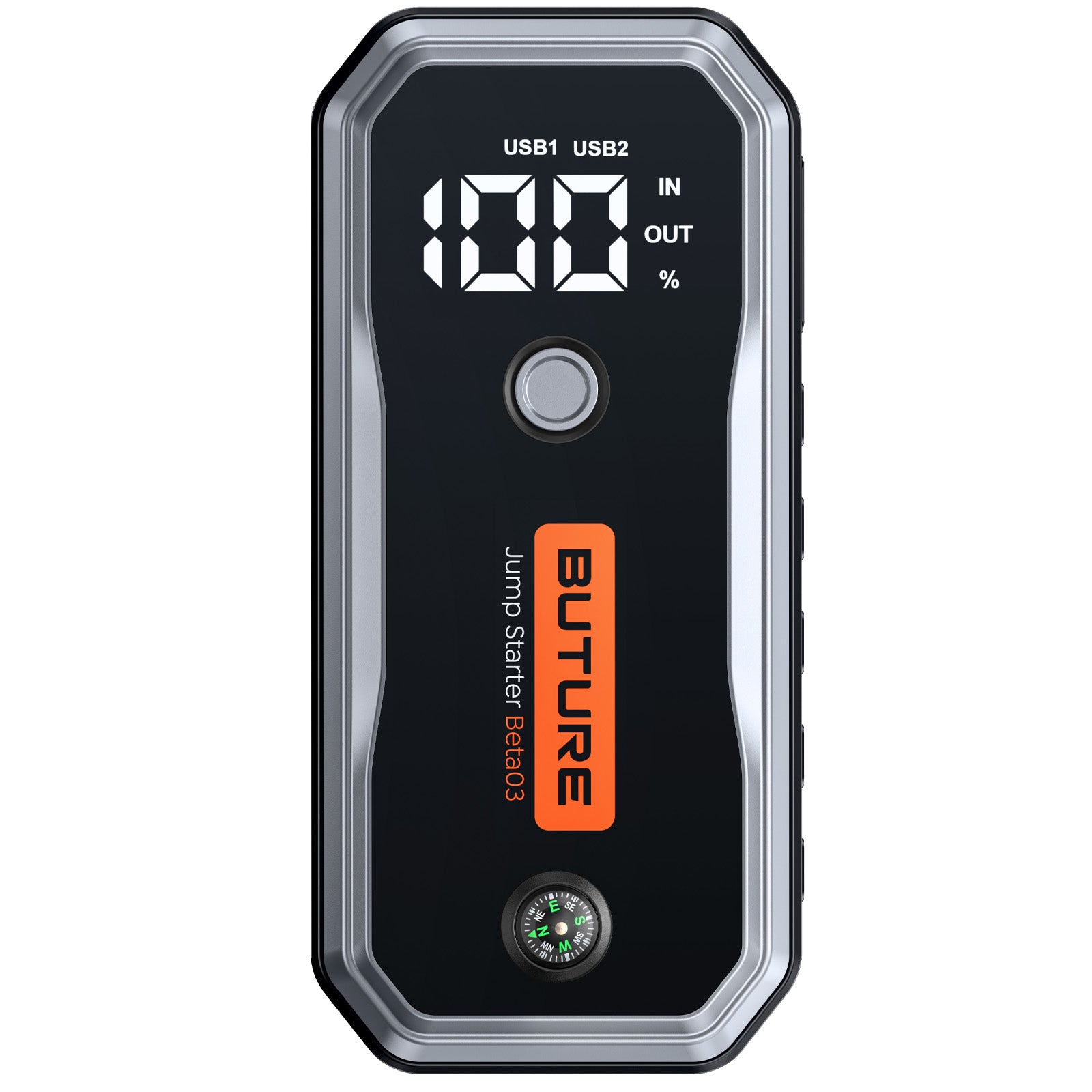 Buture Beta03 car jump starter featuring a built-in small compass for outdoor navigation and emergency use