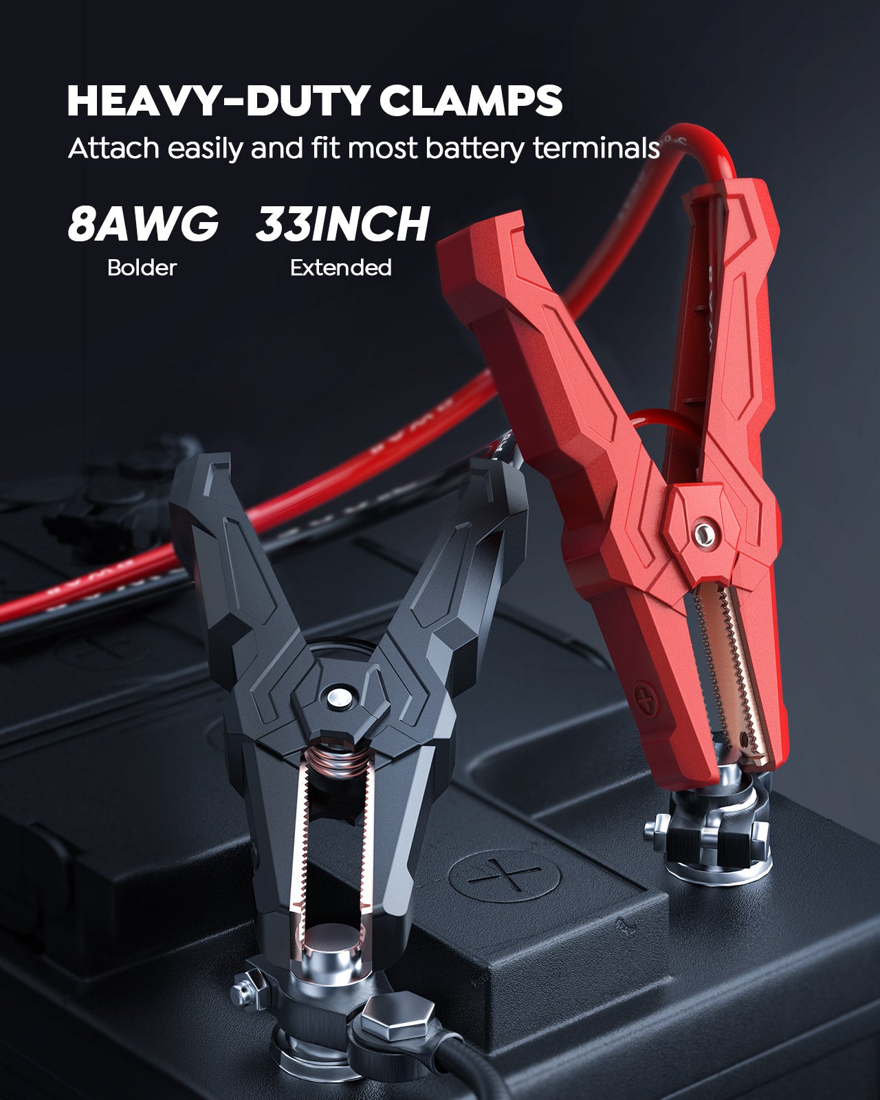 Buture Beta04 car jump starter with heavy-duty clamps, 8AWG bold cables and 33-inch extended length, designed to fit most battery terminals securely and easily