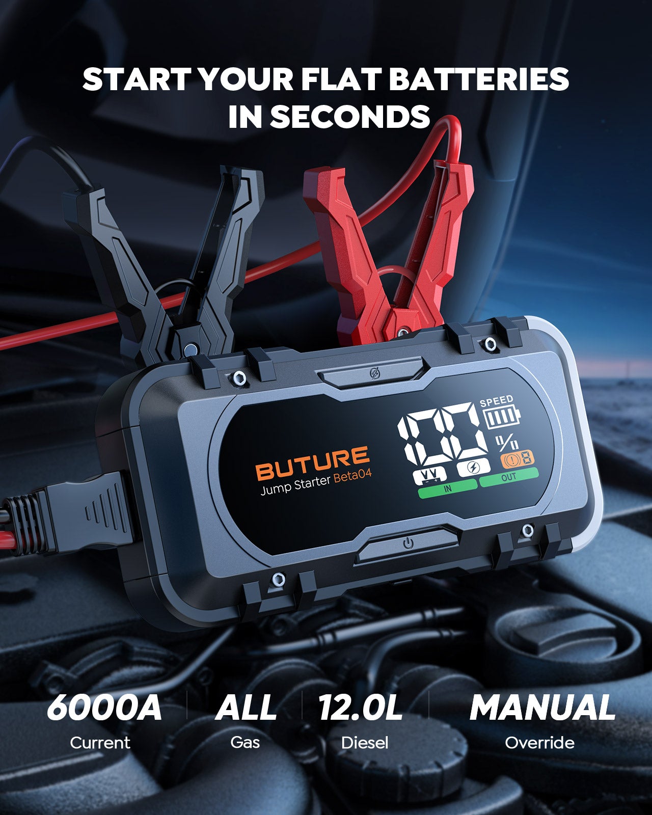 Buture Beta04 car jump starter with 6000A peak current, instantly starts all gas and up to 12.0L diesel engines, includes manual override function for flat batteries