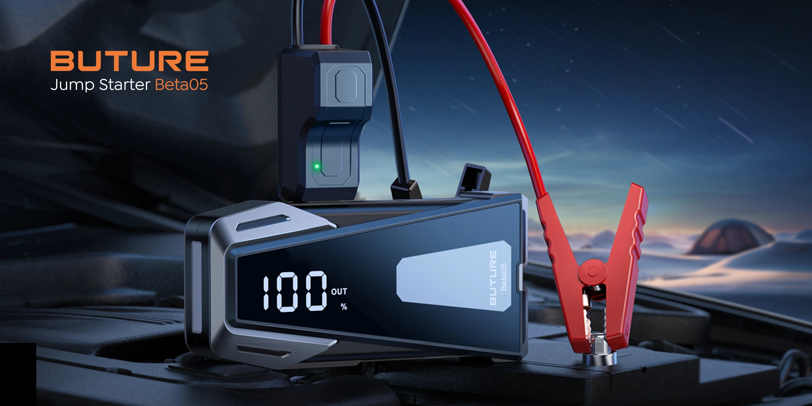 Buture Beta05 Car Jump Starter with smart clamps, efficiently starts car engines, reliable and trusted for emergency use.