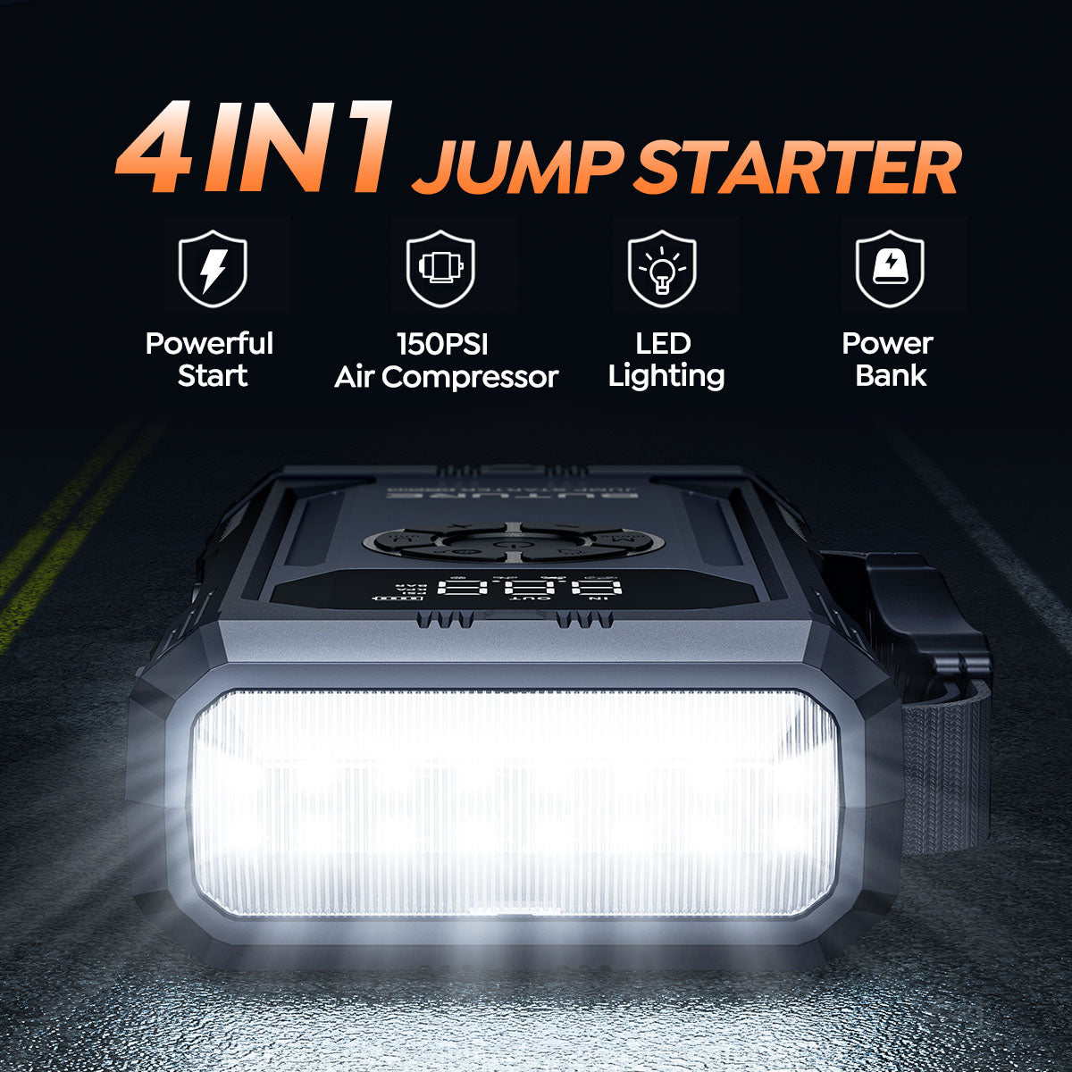 Buture Beta06 4-in-1 car jump starter with powerful jump-starting capability, 150PSI air compressor, LED lighting for emergencies, and portable power bank for charging other devices.