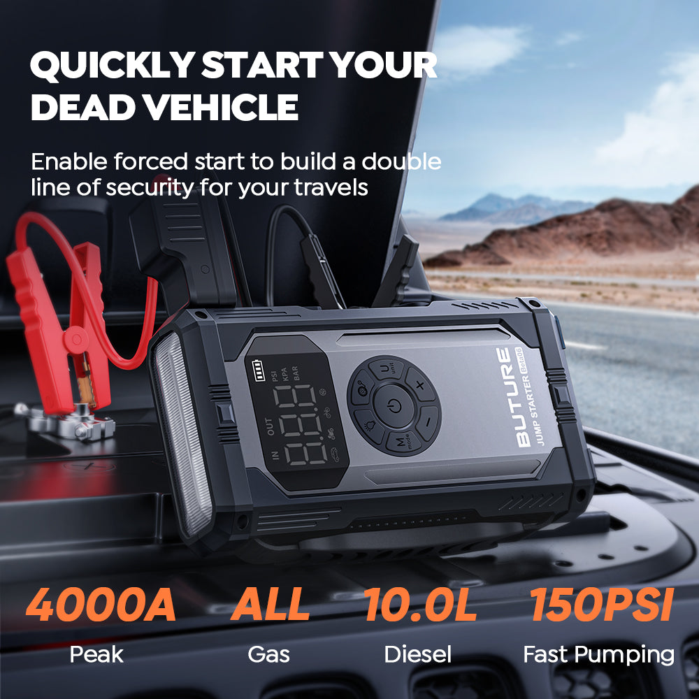 Buture Beta06 car jump starter with 4000A peak current and 150PSI fast air pump, supports forced start for dead batteries and jump-starts all gas engines and up to 10.0L diesel vehicles.
