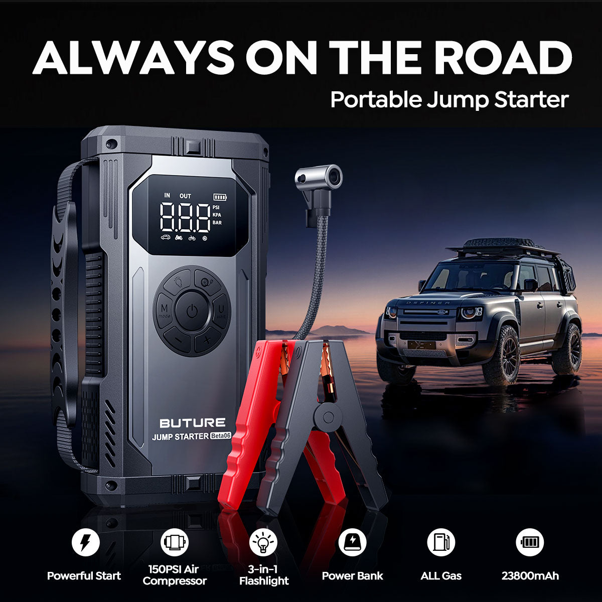 Buture Beta06 portable car jump starter with 23800mAh battery, powerful jump-starting, 150PSI air compressor, 3-in-1 flashlight, and power bank, designed for all gas vehicles to keep you always on the road.