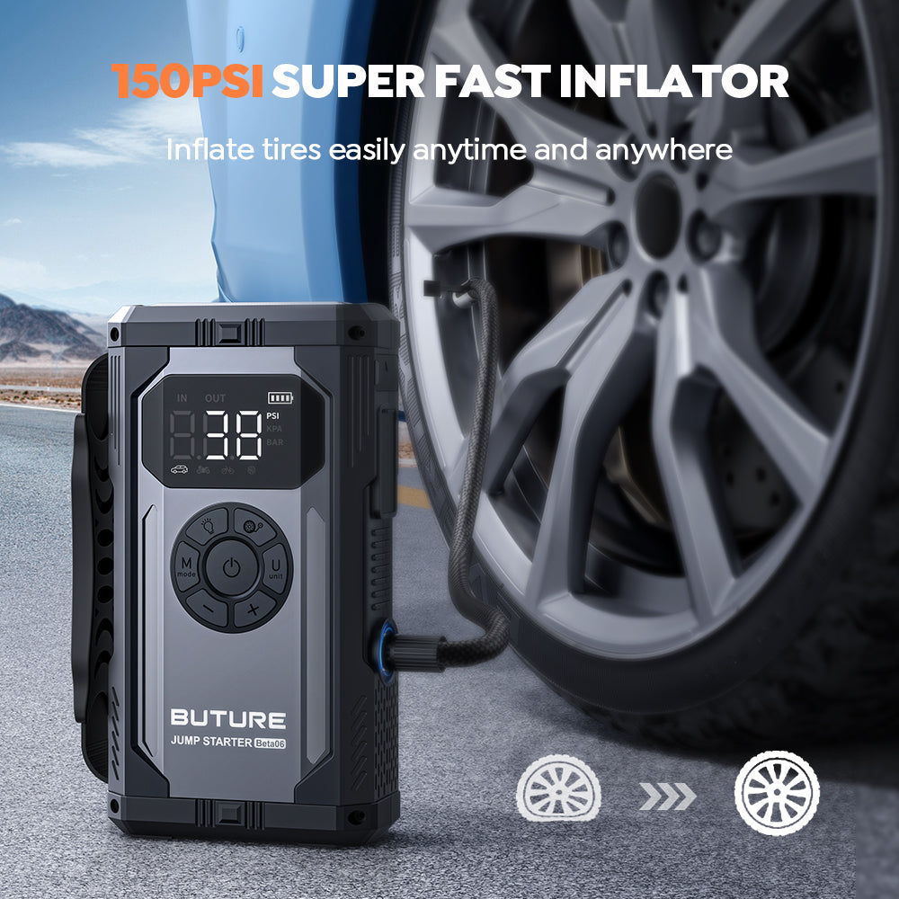 Buture Beta06 car jump starter with 150PSI super fast inflator, easily inflates tires from flat to full air anytime and anywhere, perfect for roadside emergencies.