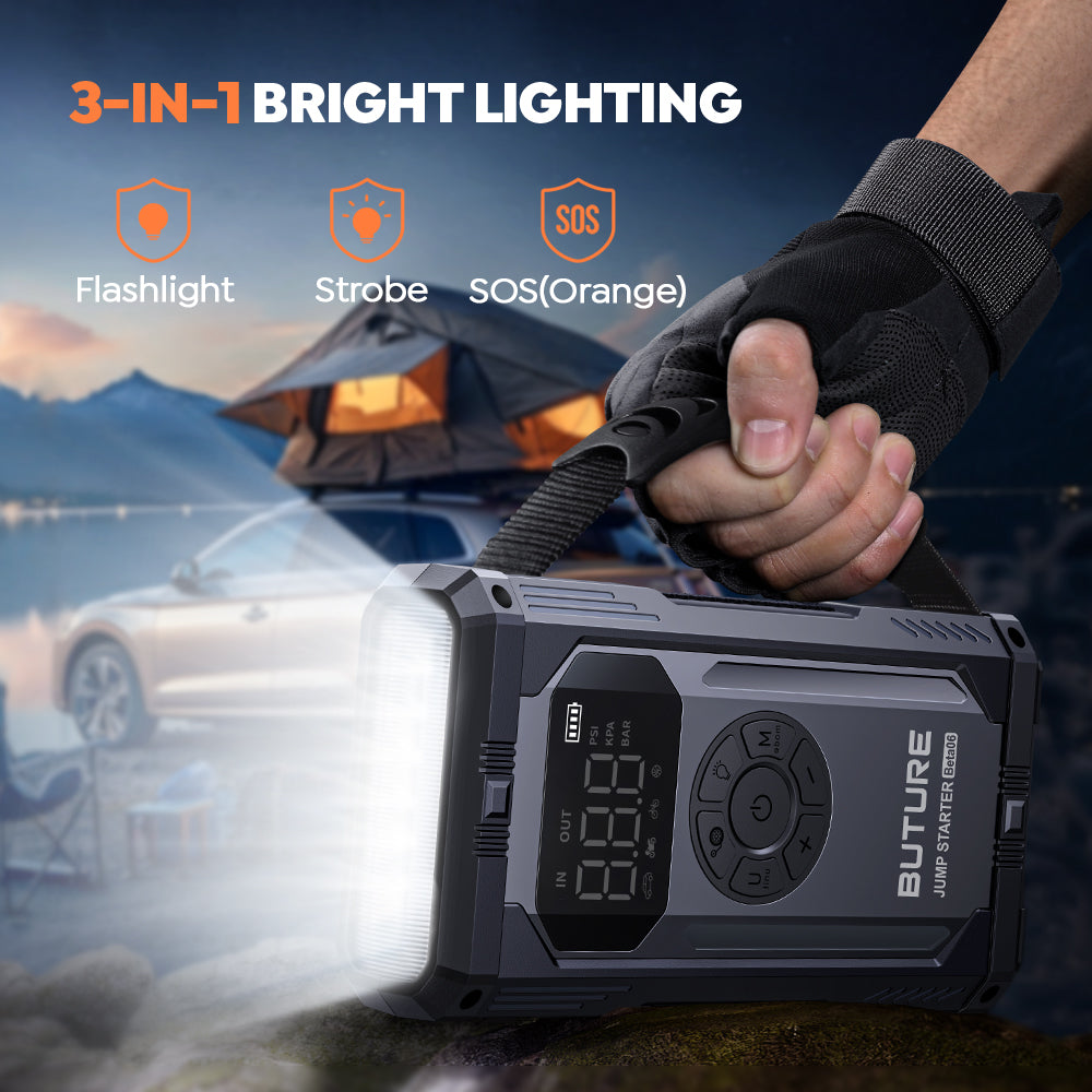 Buture Beta06 car jump starter with 3-in-1 bright LED lighting—strobe, flashlight, and orange SOS mode—ideal for outdoors, camping, and nighttime emergencies.