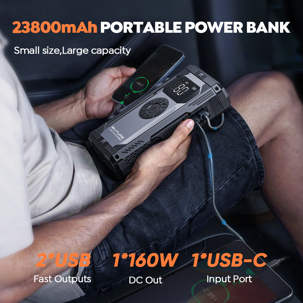 Buture Beta06 car jump starter with small size but large capacity, used as a 23800mAh portable power bank, featuring 2 USB fast outputs, 160W DC output, and USB-C input port, allowing simultaneous charging of multiple devices.