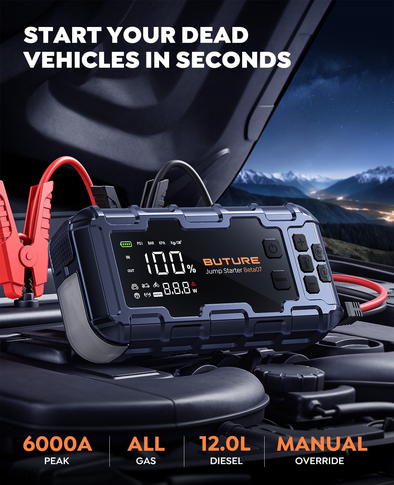 Buture Beta07 car jump starter with 6000A peak current, compatible for cars of all gas and 12.0L diesel, ensuring to start your dead vehicles in seconds.