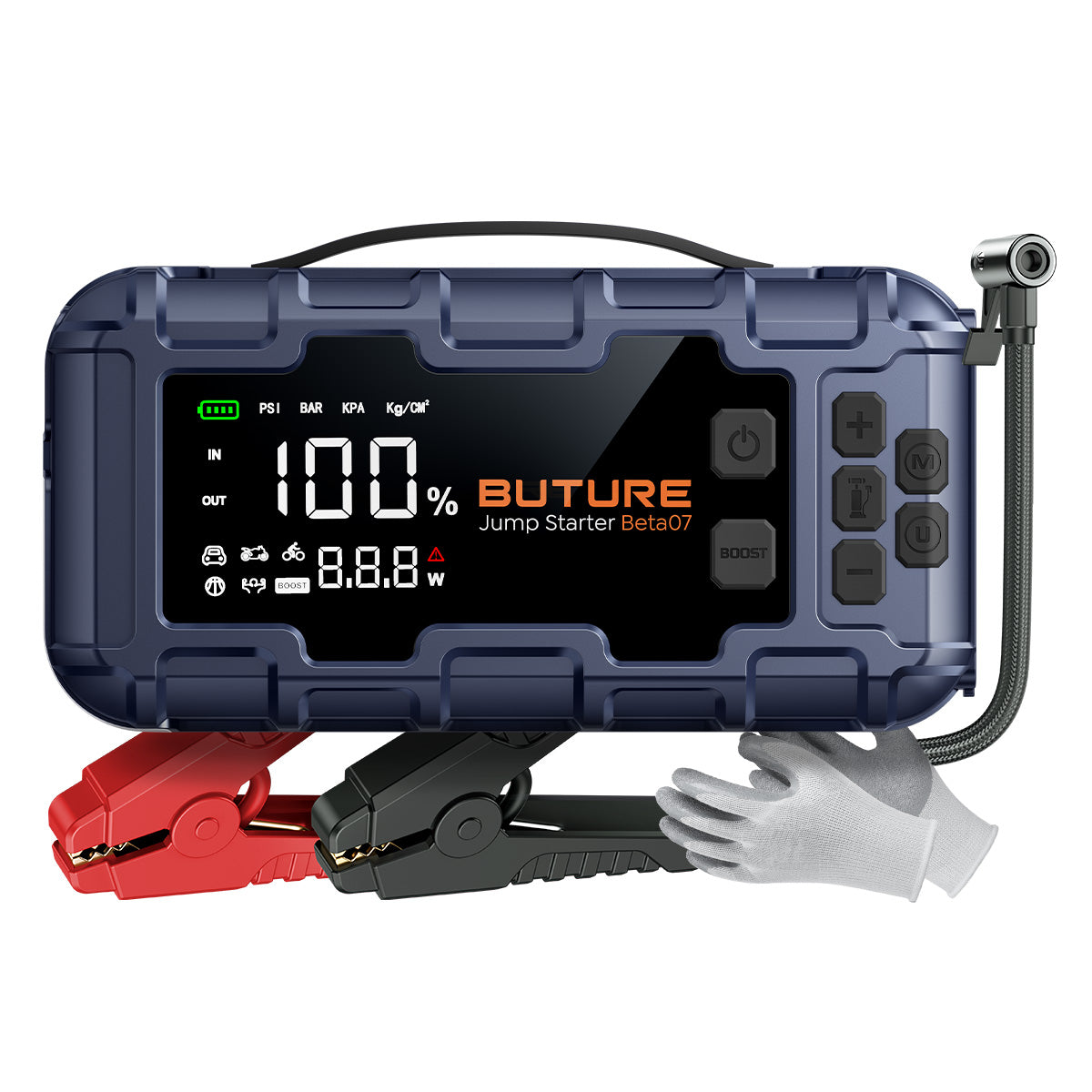 Buture Beta07 10-in-1 portable car jump starter with 6000A peak current, 160PSI air compressor, PD 45W fast charging, and 600 lumen emergency light for all-in-one roadside emergencies.