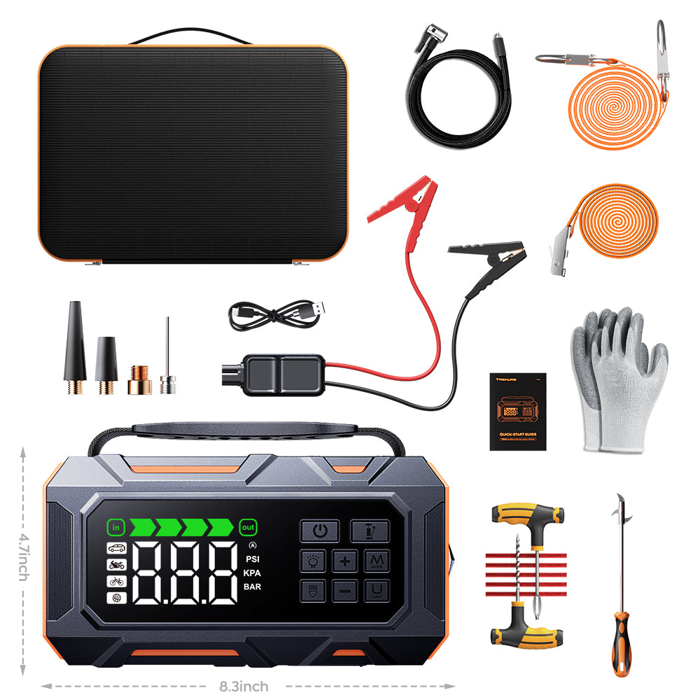 Buture Beta09 jump starter with complete accessory kit including jumper cables, tire repair tools, air hose, nozzles, gloves, tow rope, and storage case.