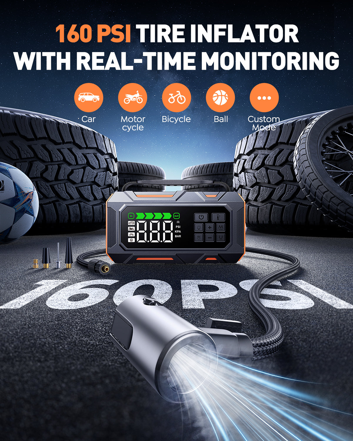 Buture Beta09 jump starter equips a built-in air compressor up to 160PSI tire inflator for car, motor cycle, bicycle or ball.