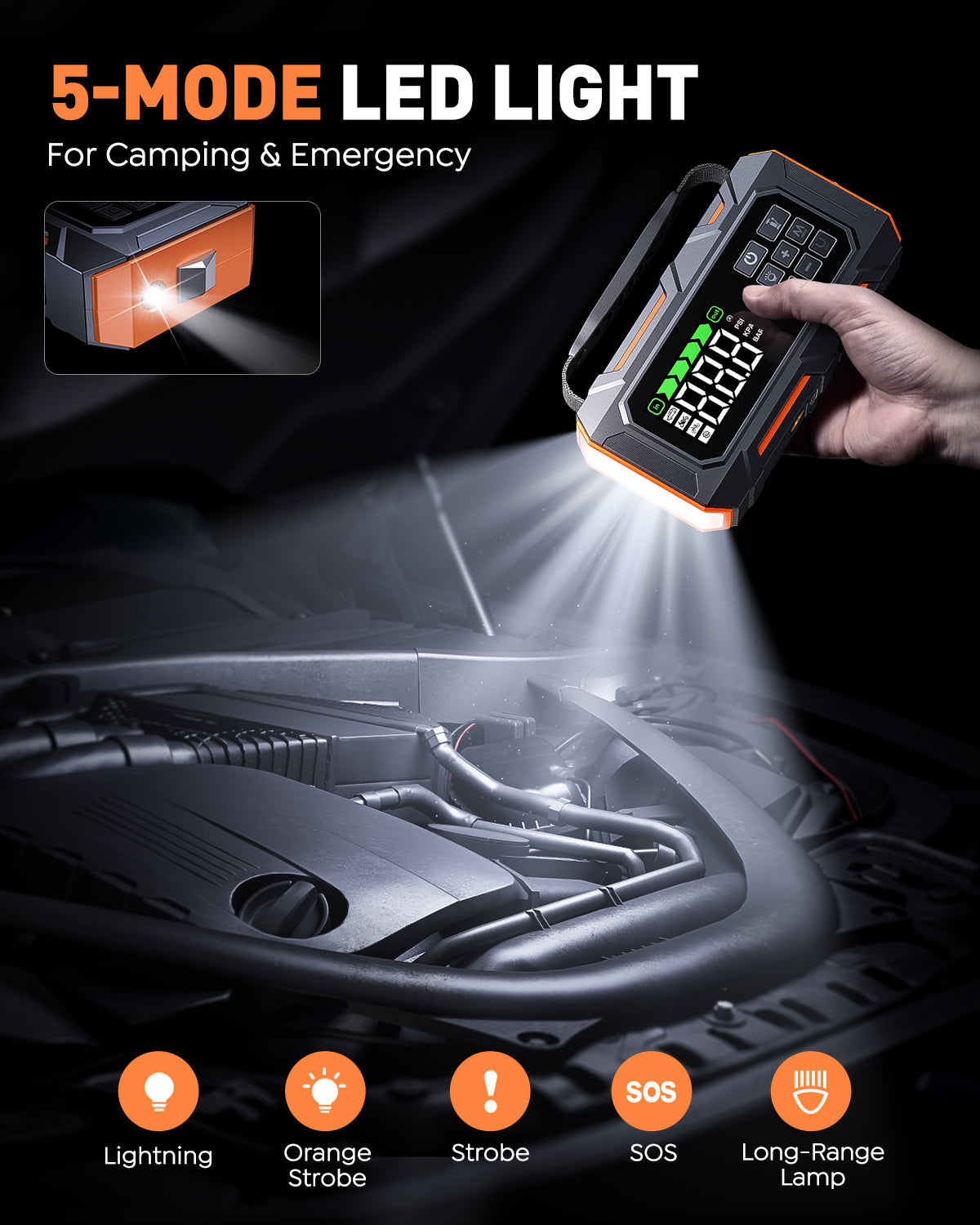 Buture Beta09 car jump starter features 5-mode LED light for camping and emergency, including lighting, orange strobe, strobe, SOS, long-range lamp.