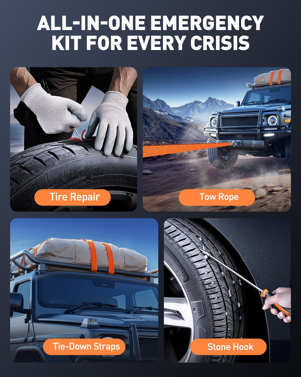 Buture Beta09 all-in-one emergency car kit with tire repair kit, tow rope, tie-down straps, and safety tools.