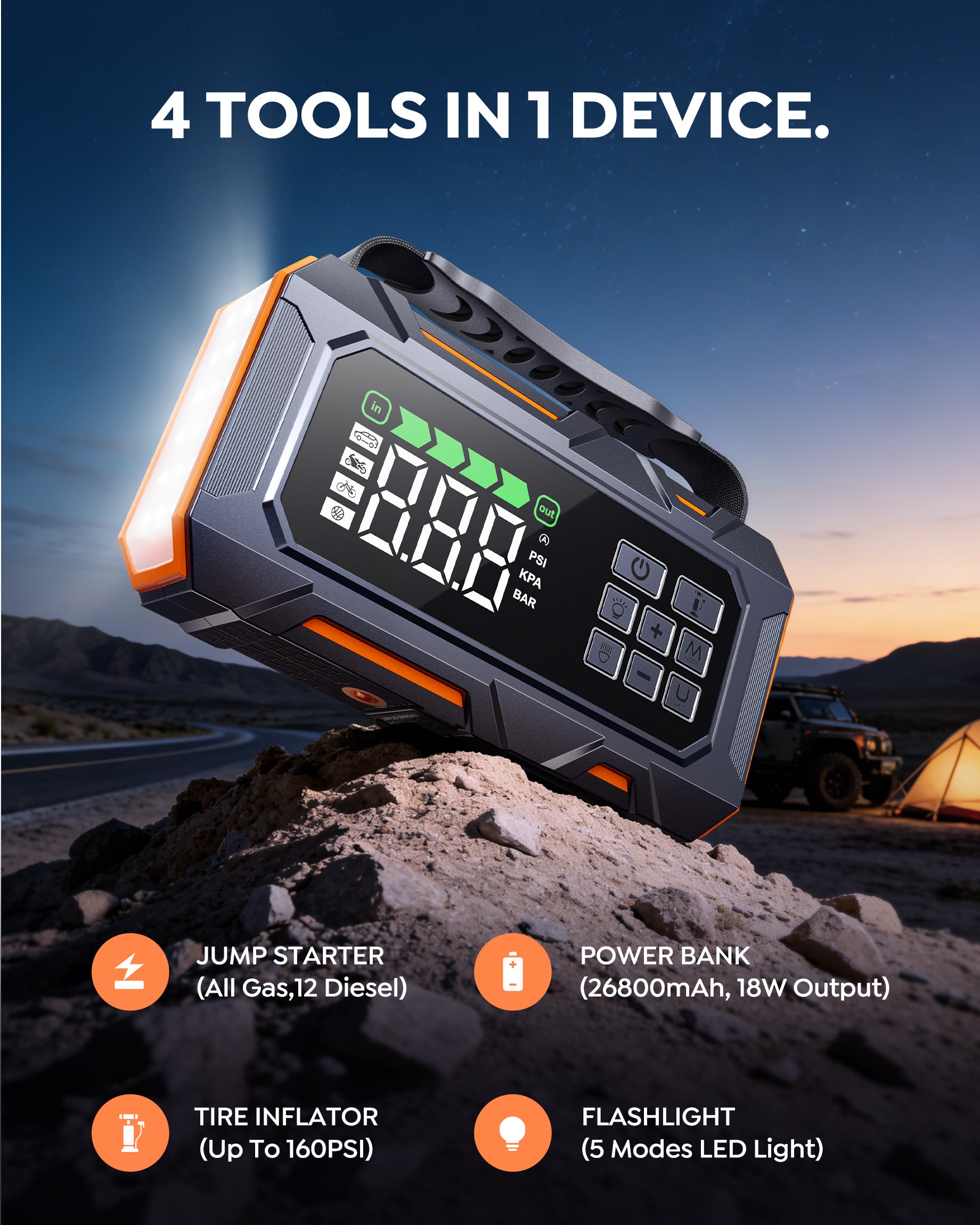 Buture Beta09 4-in-1 car jump starter with 26800mAh power bank, 160 PSI tire inflator, and 5-mode LED flashlight, portable car emergency kit.