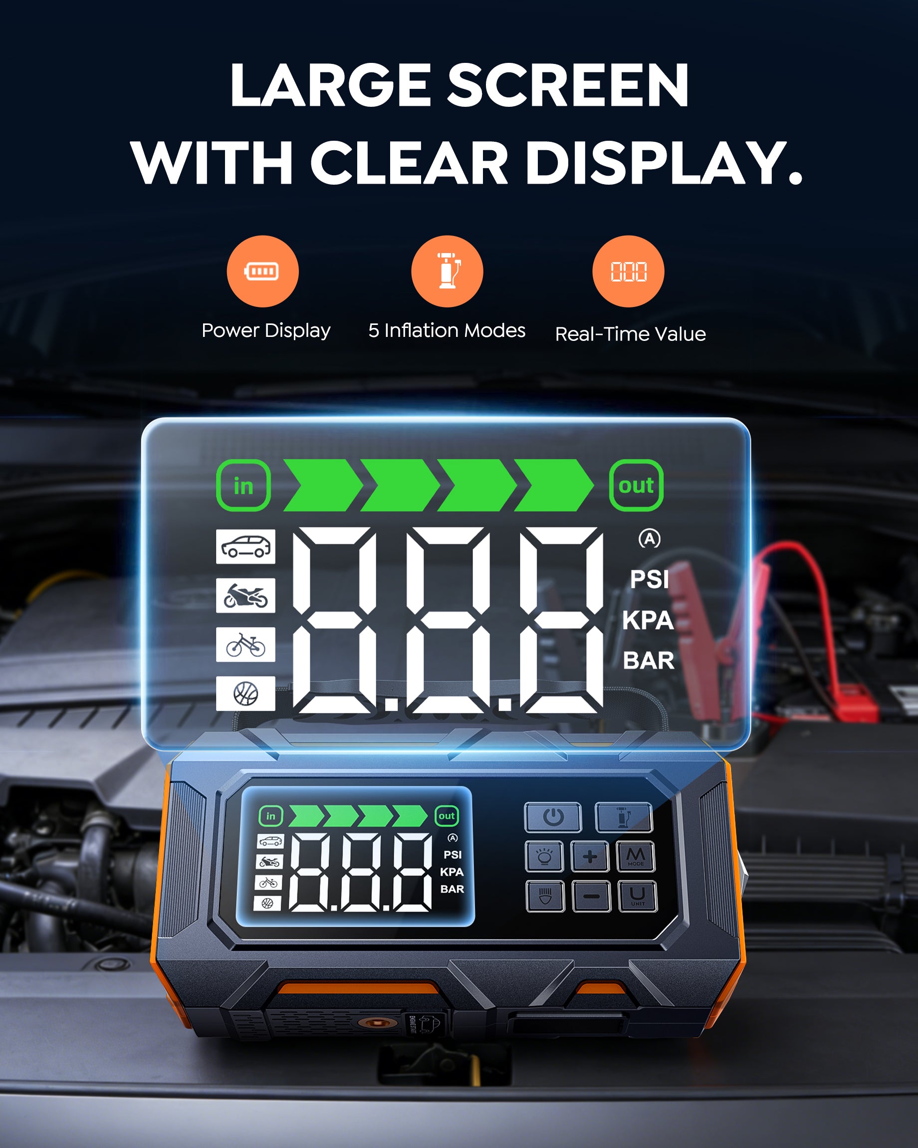 Buture Beta09 car battery jump starter has a large screen with clear display showing power status, inflation modes, and real-time value.
