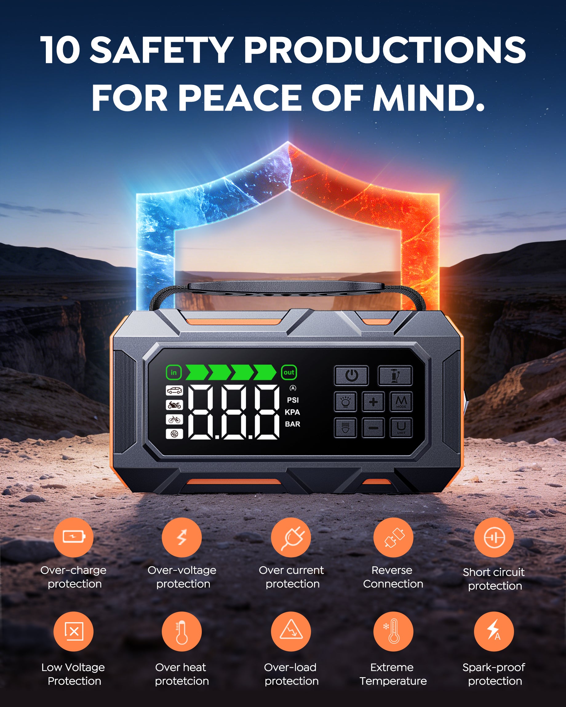 Buture Beta09 portable car jump starter with 10 safety protections, extreme temperature performance, car emergency battery booster.