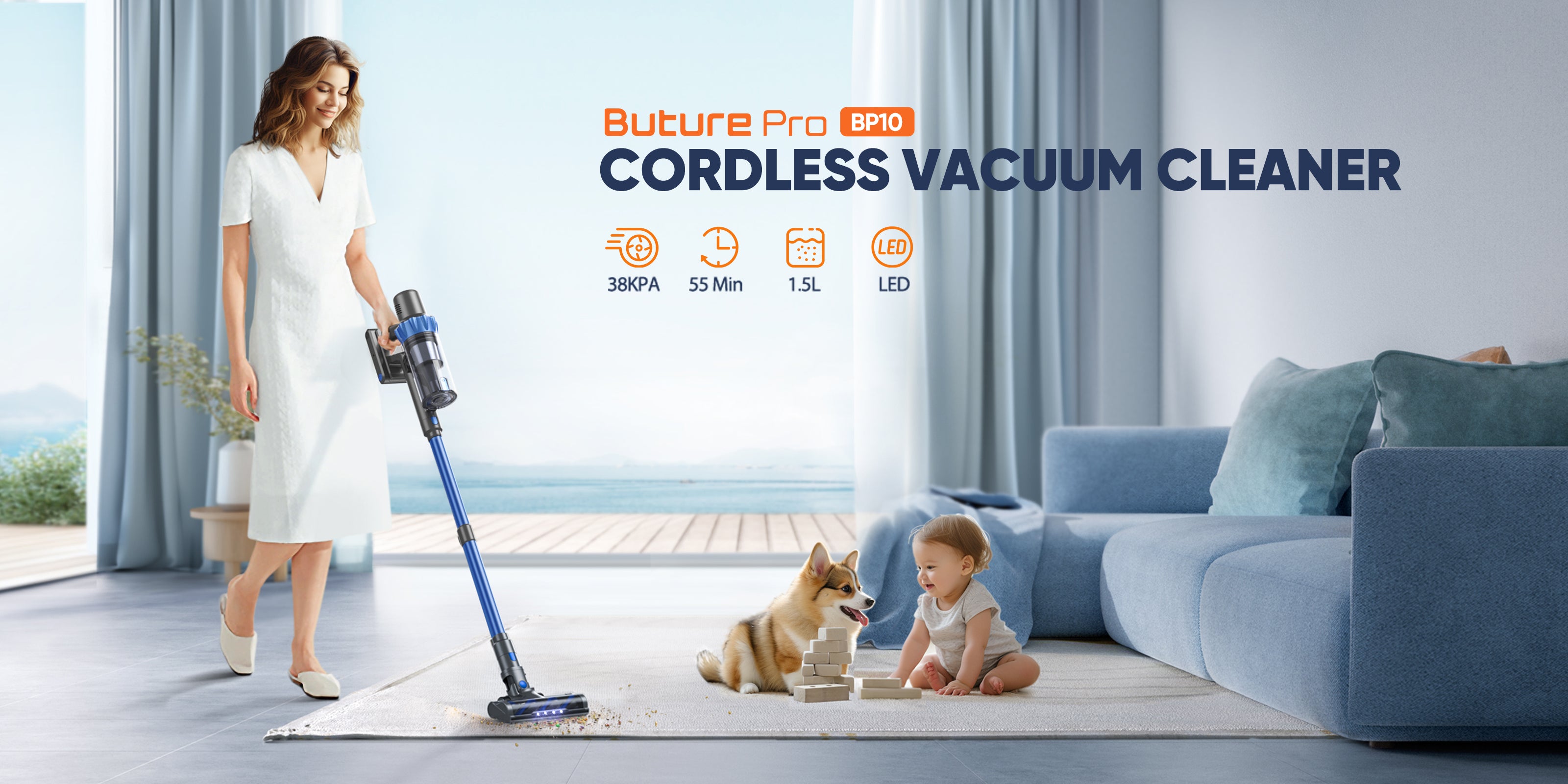 Buture BP10 Cordless Vacuum Cleaner – powerful 38KPA suction, up to 55 minutes of runtime, large 1.5L dustbin capacity, and a clear LED digital screen for efficient, versatile home cleaning.
