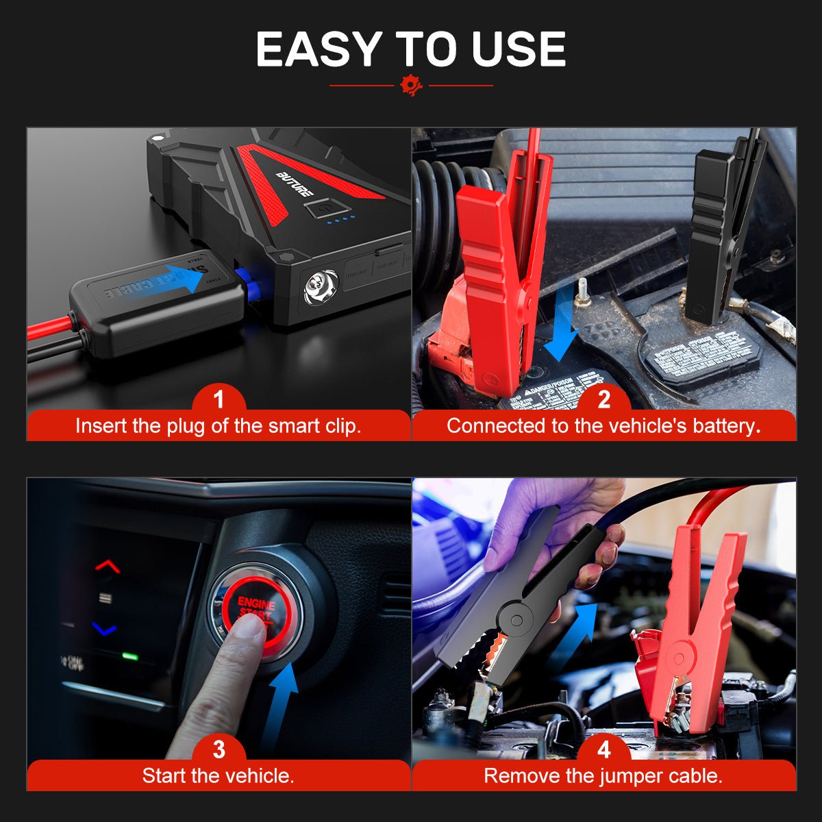 Buture BR300 car jump starter easy to use with step-by-step smart clip operation: insert the plug, connect to vehicle battery, start the vehicle, and safely remove the jumper cable for quick and hassle-free jump-starting