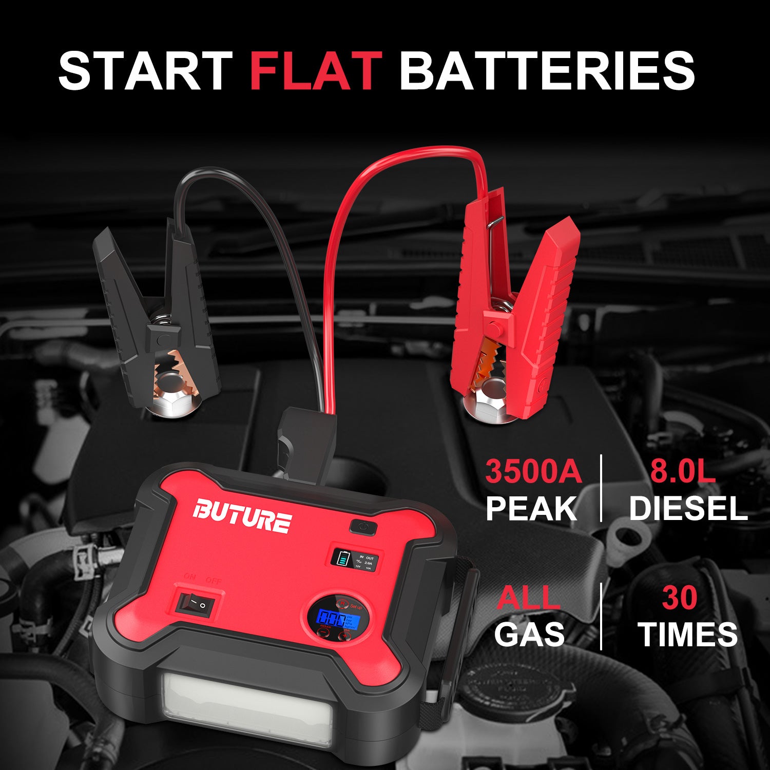 Buture BR700 jump starter for flat batteries, 3500A peak current, supports all gas engines and up to 8.0L diesel engines, up to 30 jump starts on a single charge