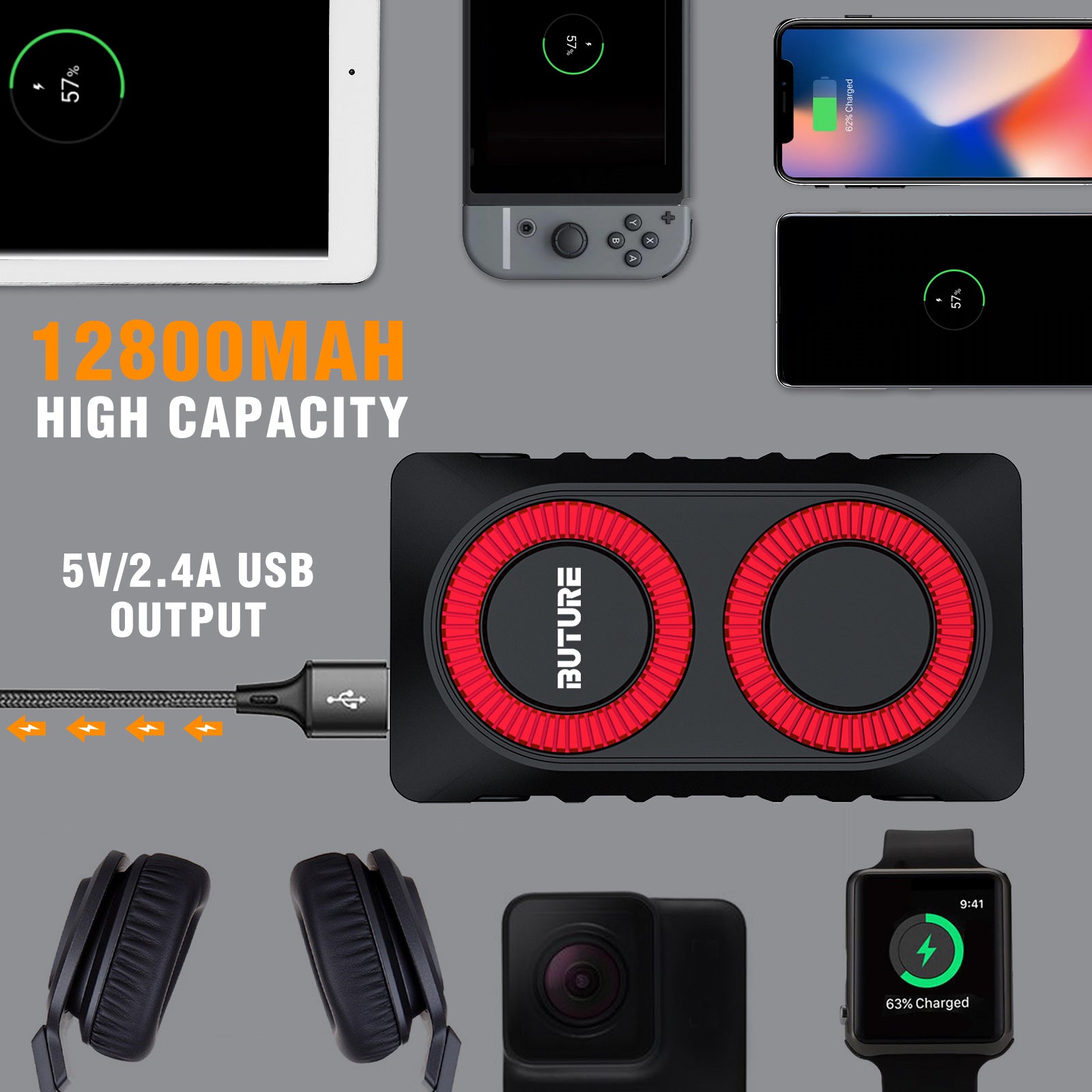 Buture BR800 car jump starter with 12800mAh high capacity battery, 5V/2.4A USB output for charging smartphones, laptops, tablets, wireless headphones, digital watches, and gaming consoles