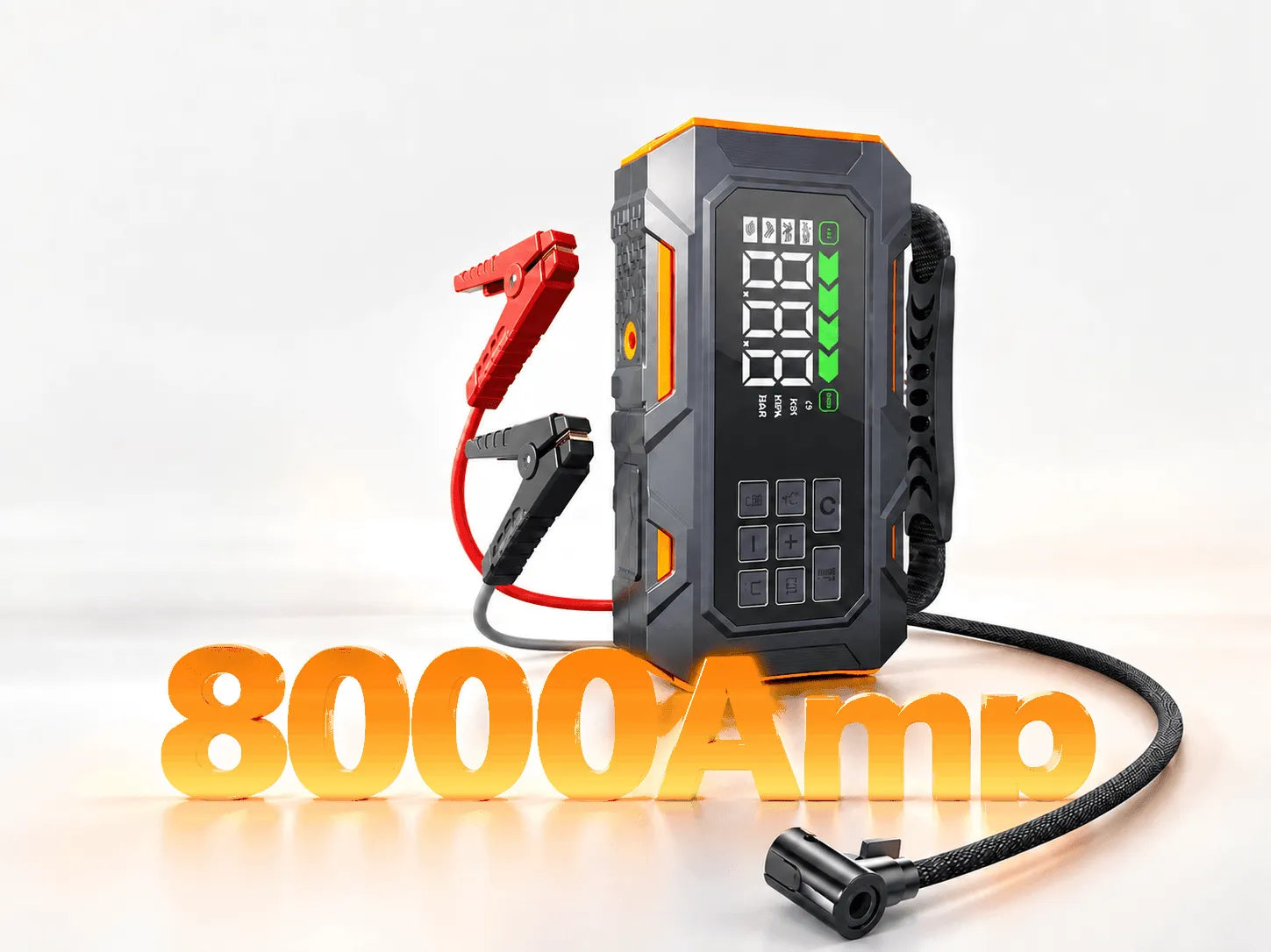 Buture Beta09 portable car battery jump starter with digital smart display, powerful emergency jump starting, built-in air compressor, power bank, and LED flashlight for cars, trucks, SUVs, motorcycles, and roadside emergencies.