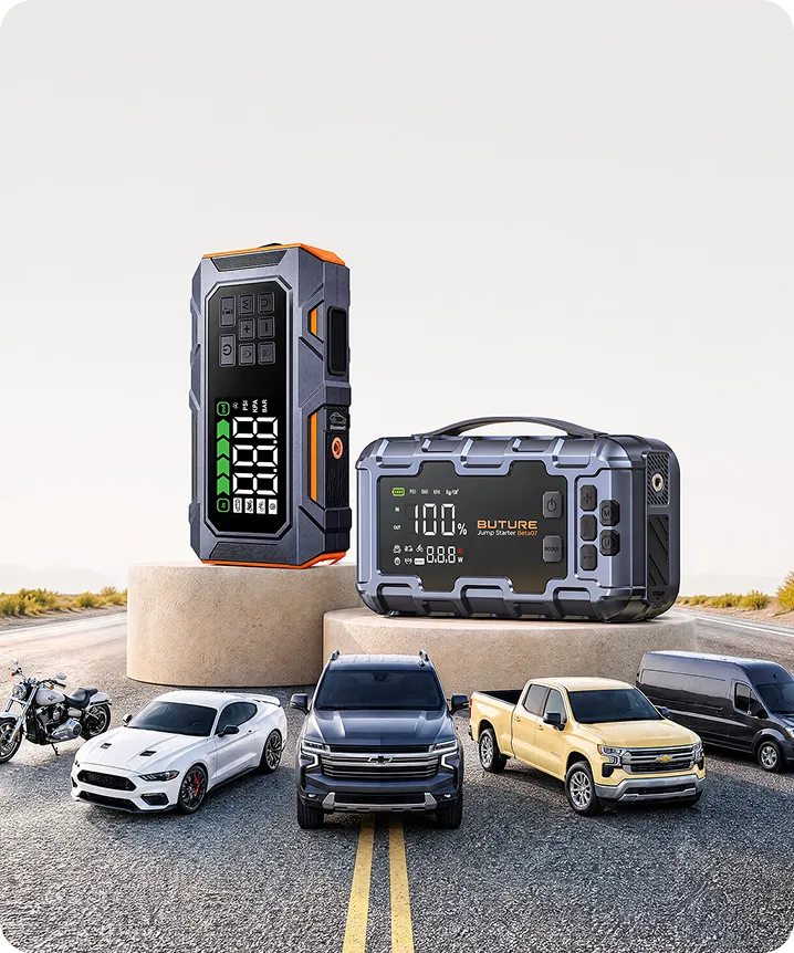 Buture portable jump starter category featuring the bestselling Beta09 and Beta07 jump starters for cars, trucks, SUVs, motorcycles, and vans. Powerful car battery jump starter with built-in power bank, 160 PSI tire inflator, emergency LED lighting, and wide vehicle compatibility for reliable roadside emergencies.