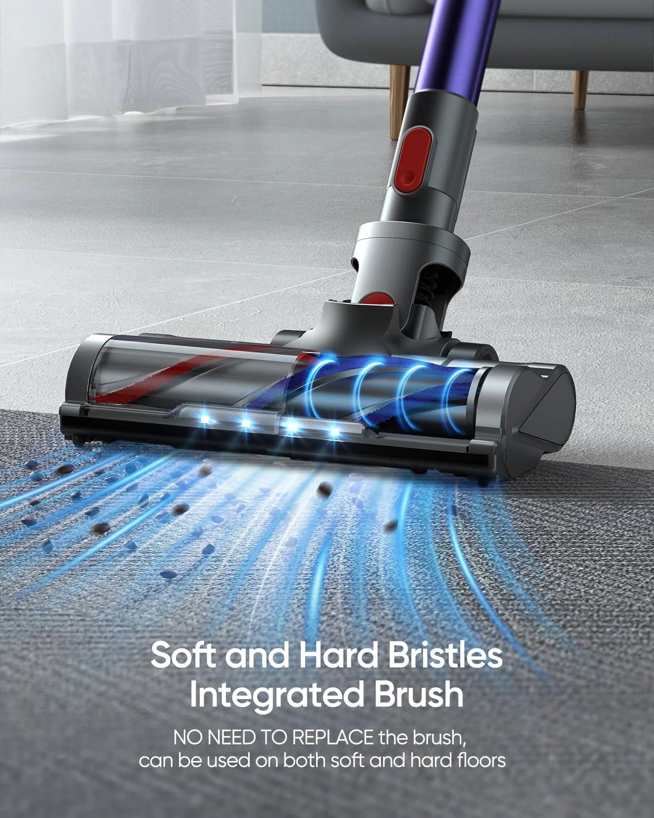 Buture JR400 cordless vacuum cleaner with a brush integrated soft and hard bristles, suitable for both floor and carpets, no need replacement.