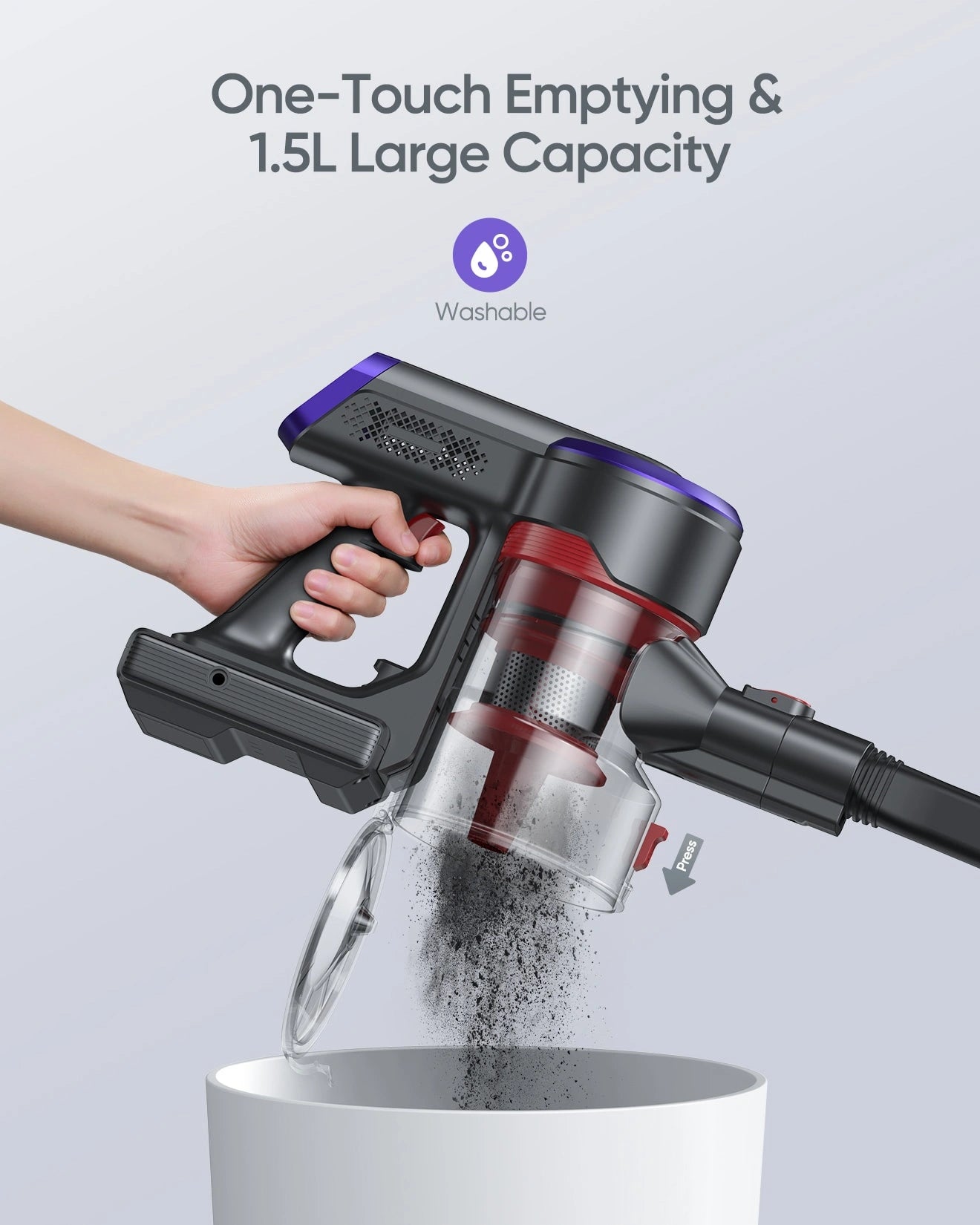 Buture JR400 cordless stick vacuum cleaner, easy one-touch dustbin release, high capacity 1.5L washable dust container.