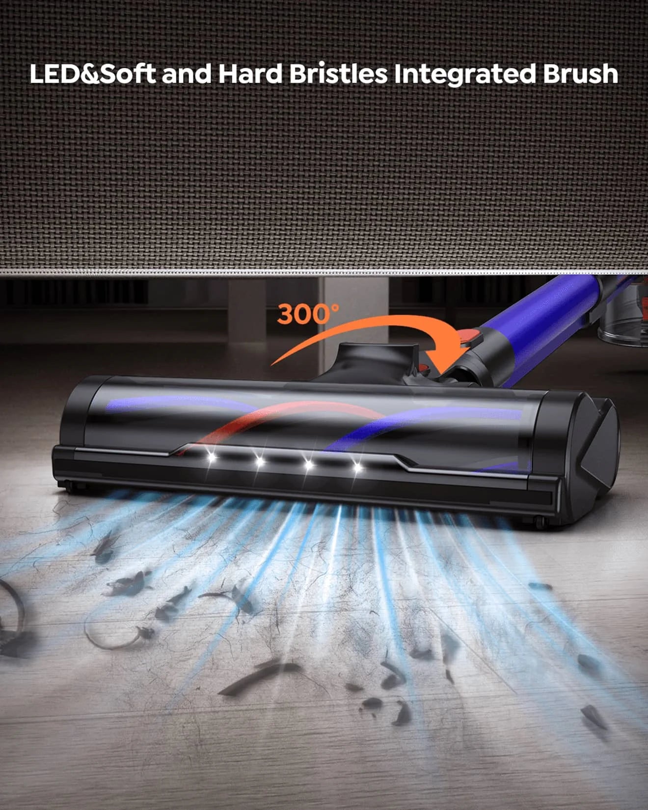 Buture JR400 flexible vacuum cleaner brush with LED light, 300-degree swivel for cleaning under beds and couches.