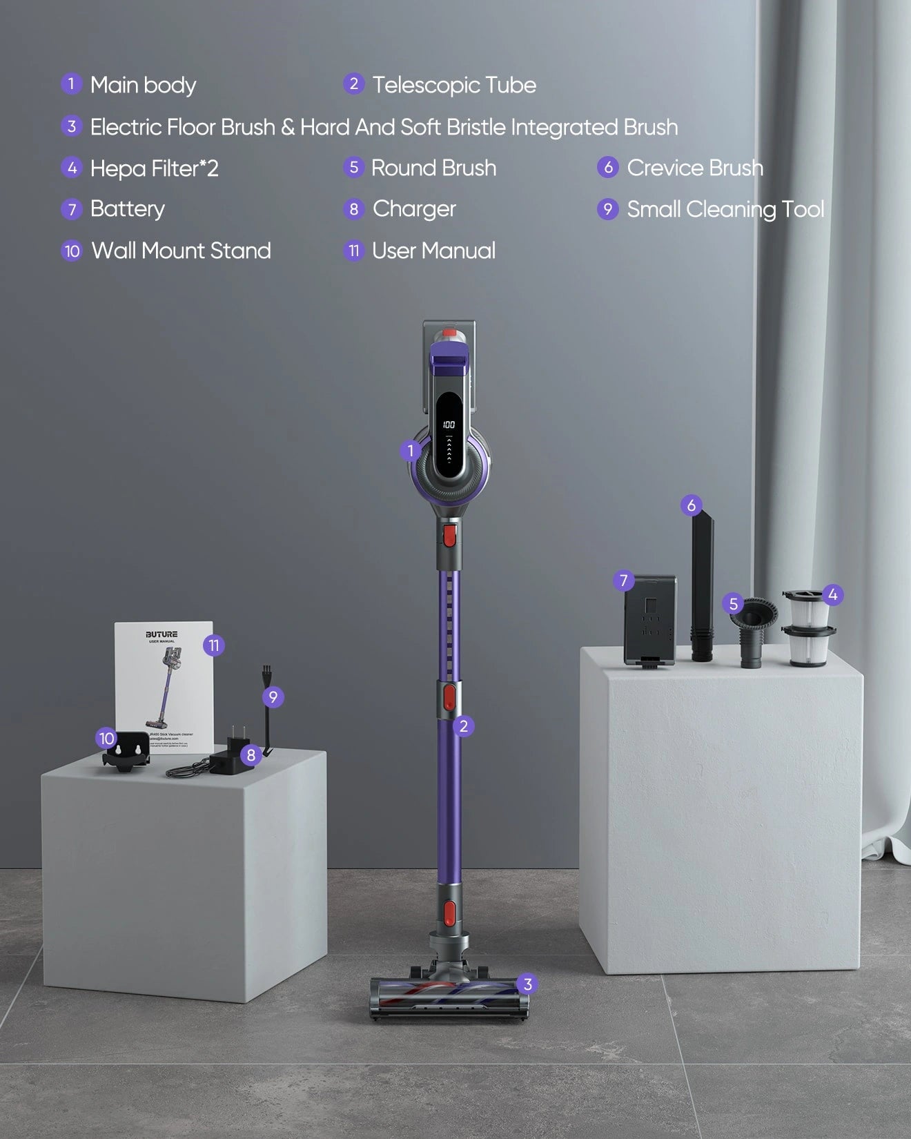 Buture JR400 cordless vacuum cleaner full set with multiple accessories – electric brush, telescopic tubes, HEPA Filters, and more