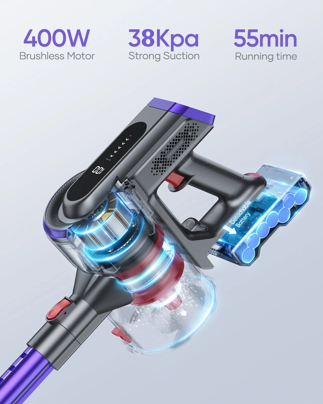 Buture JR400 stick vacuum cleaner with 400W brushless motor, 38KPa strong suction, and up to 55 minutes runtime